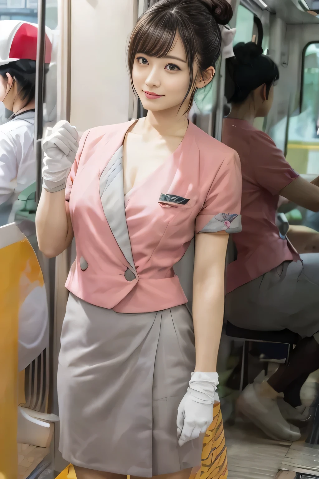(masterpiece:1.2, highest quality:1.2), 32K HDR, High resolution, (alone、1 girl)、（On the rooftop of a building in the daytime、Professional Lighting）、Building rooftop background、（Nankai train crew uniform pinkを着たリアルスタイル）、（Nankai train crew uniform pink short sleeve pink jacket、Nankai Train Crew Uniform Pink Collarless Short Sleeve Blouse、Nankai Train crew uniform pinkのグレー色のキュロットスカート）、Dark brown hair、（Hair tied up、Hair Bun、Hair Bun）、Dark brown hair、Long Shot、Big Breasts、Thin legs、（（Great hands：2.0）），（（Harmonious body proportions：1.5）），（（Normal limbs：2.0）），（（Normal finger：2.0）），（（Delicate eyes：2.0）），（（Normal eyes：2.0））)、smile、（Nankai Train crew uniform pinkのグレー色のキュロットスカートを見せた美しい歩く姿）、Keep your hands natural、