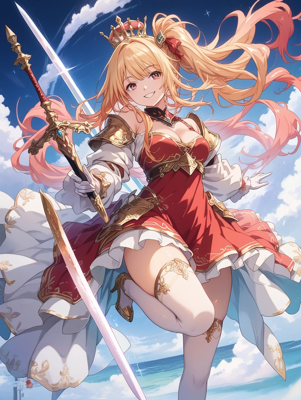 score_9, score_8_up, score_7_up, source_anime,masterpiece, best quality, high resolution, extremely detailed CG, absurdres, 1girl, solo, a girl in armor and a smaill crown holding a large sword, white_armor, golden_decoration, ((red_dress)), off-shoulder, thighhighs, long hair, side_ponytail, blond hair, leg armor, cleavage, small_crown, gloves, armor, white_gloves, high heels, off-shoulder armor, smile, ((ornamental armor)),((large sword))