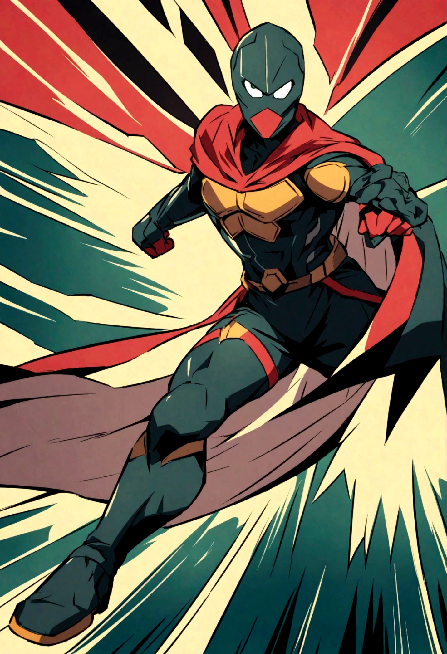 anime super hero in a flying position with a cape behind him looking strong and confident in a 2d anime style with an established outlined that wouldnt be hard to draw. Also make it unique not like any other super hero. also make sure his eyes are spot on