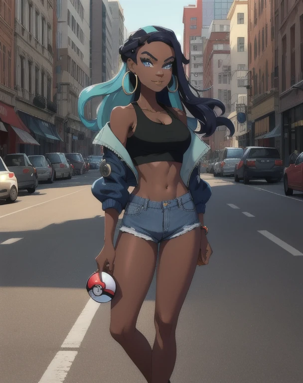 masterpiece, best quality, (Detailed face:1.2), (Detailed eyes:1.2), solo, 1girl, nessacasual, dark skin, makeup, medium breasts, opened blue jacket, black tank-top, cleavage, ((midriff)), denim short-shorts, hoop earrings, white high-heels, (holding a poke ball:1.3). looking at viewer, looking at the camera with an arrogant smile, standing, outdoors, city street