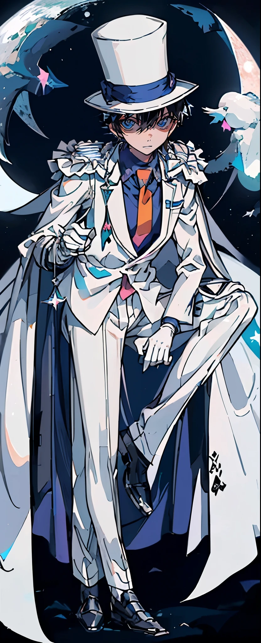 (Mastepiece), (Best Quality), Very detailed, (( boy:1.5)), (Full body photography:1.3)、Perfect Face, Beautiful Face, Very detailedな顔，(Black short hair:1.3)，(Blue Eyes:1.3)、((White Suit 1.4))、(Blue Shirt)、(Pink tie)、((White Top Hat 1.4))、((White Cape:1.4))、(White Gloves 1.4)、(Monocle 1.3)、(Playing cards 1.3)、(White Moon:1.4)、(Night Sky:1.5)、(White Dove:1.2)、(gem:1.4)、magician、(Toothy smile:1.3)、handcuffs