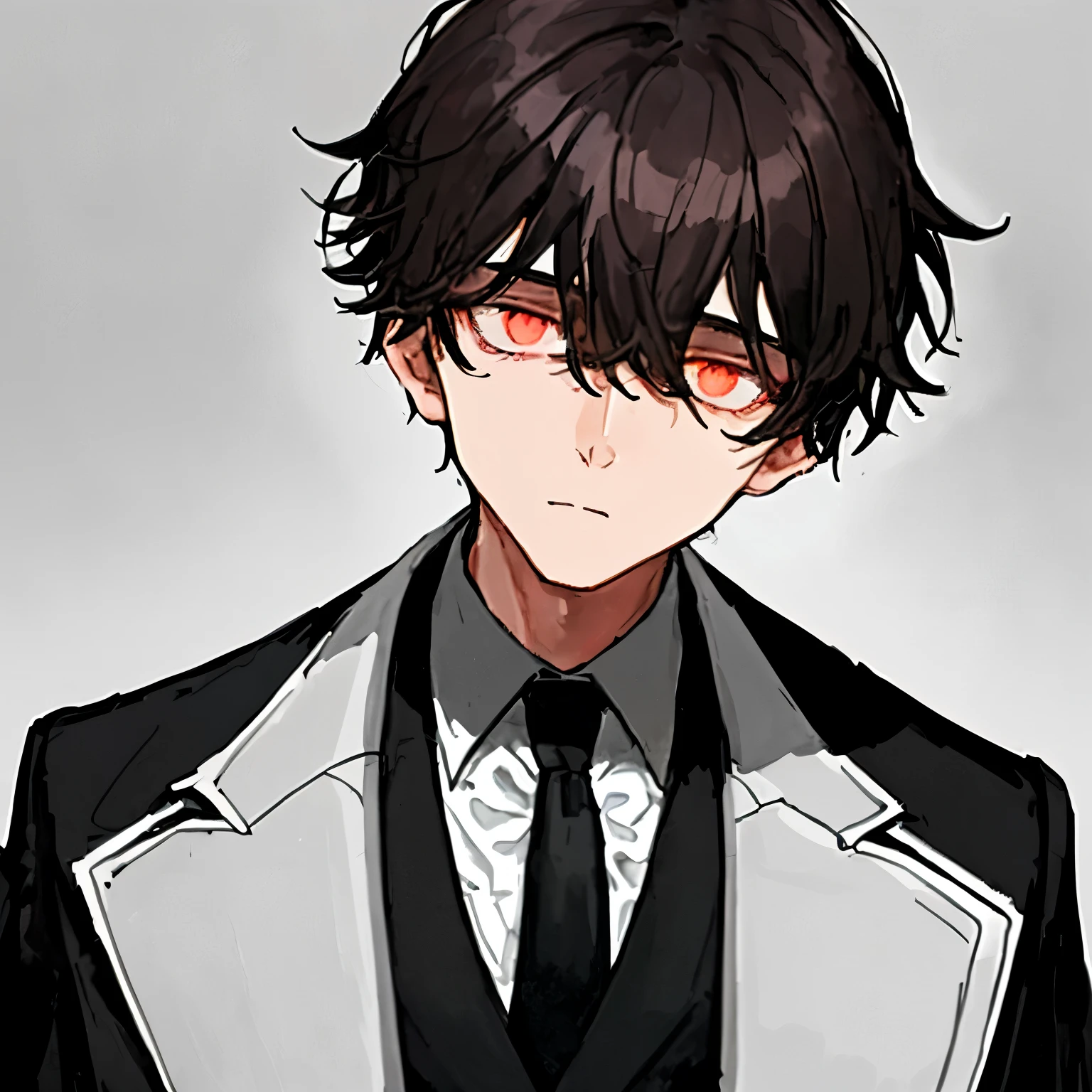 1boy, dark_brown_hair, face_framing_hair, black_overcoat, white_coat, black_necktie, lazy_eyes, calm_face