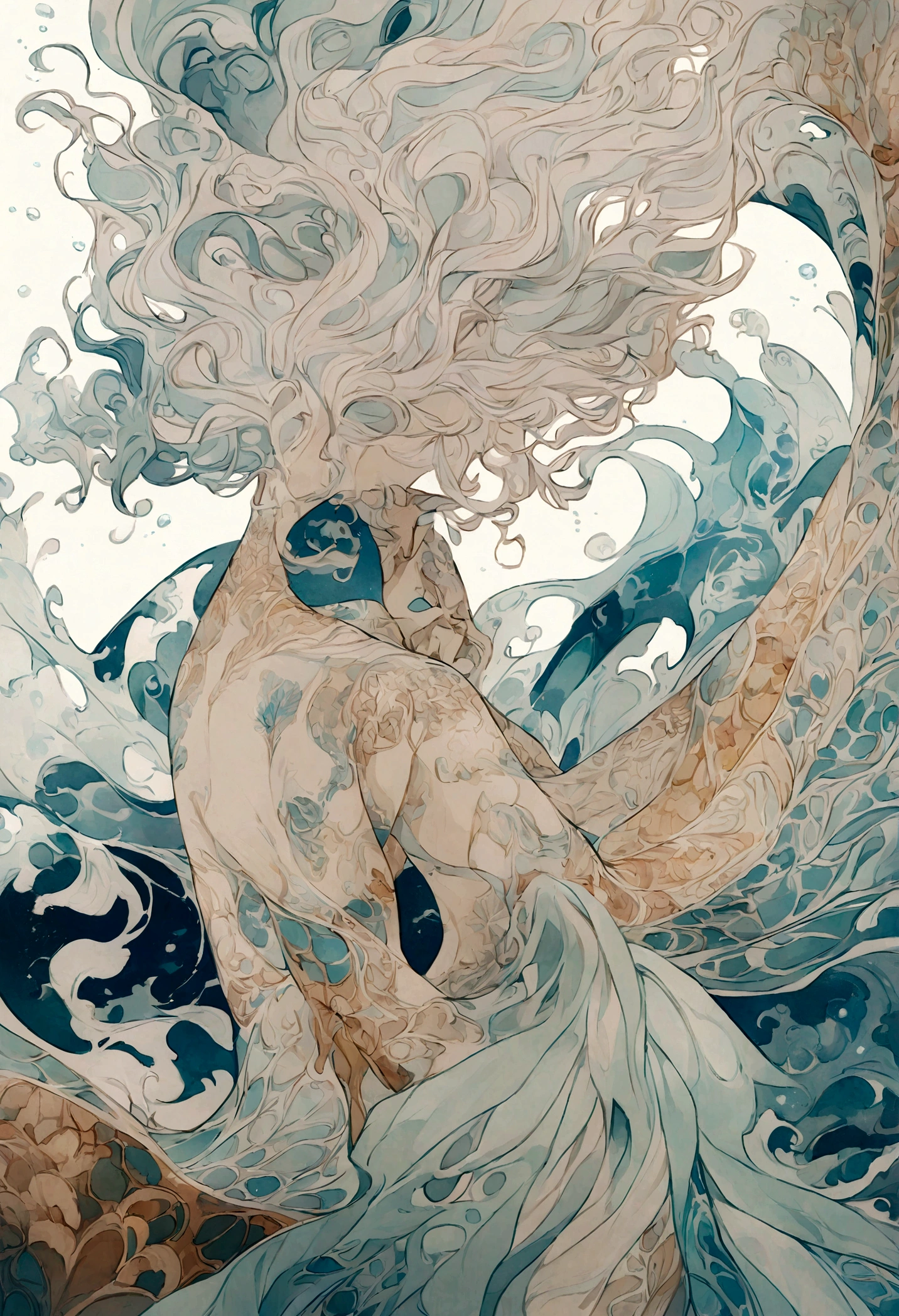 Estilo Tattoo: Create a tattoo that emulates aquatic body paint, where naked bodies are adorned by patterns inspired by underwater waves and organic shapes. Soft colors and transparencies can highlight the fluidity and grace of shapes.