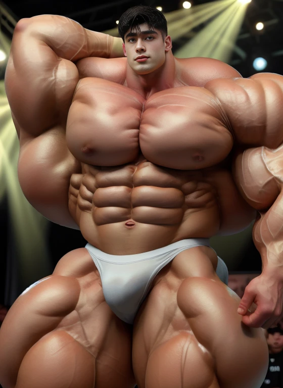 1 masculine boy, short black haircut, ultraheavyweight bodybuilder, large armpit, at the bodybuilding contest show with LED, strong body, bulk, naked, wear white triangular underwear, bulge, very big, brutalmass, giant, muscular body, bulk, massive body, large meaty body size, brown veiny skin, big arms, large meaty pecs, wet, rounded muscle, UHD, Realistic, intricate detail, illuminating light