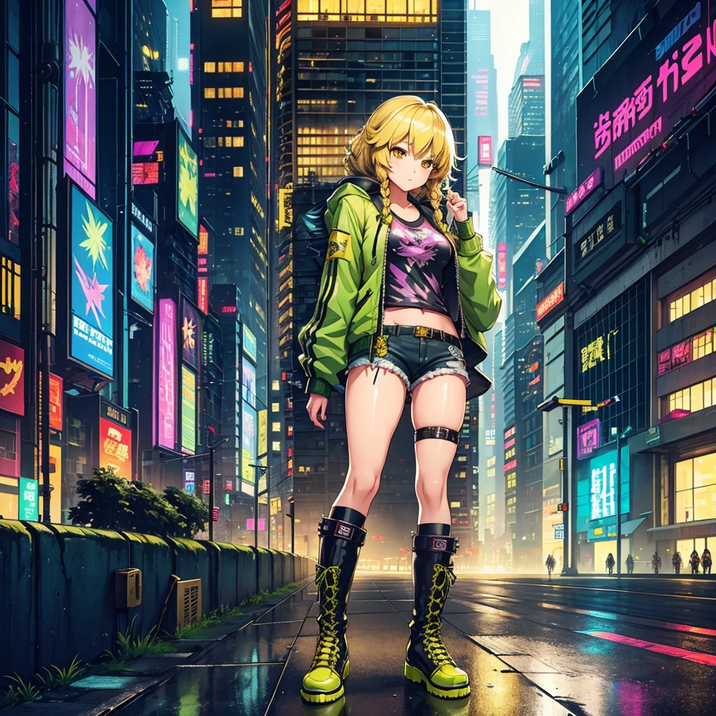 1 girl, solo, Marisa Kirisami, touhou, masterpiece, blonde hair, side braid, yellow eyes, alternate costume, green bomber jacket,  punk shorts, rocker boots, cyberpunk art style, cyberpunk cityscape, wide shot