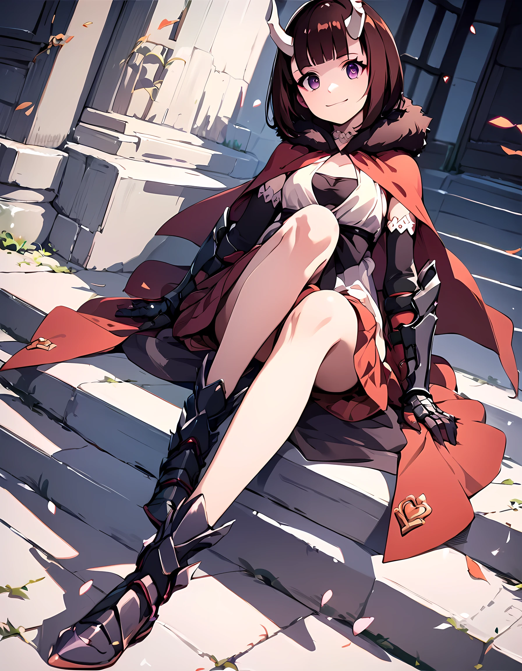 score_9, score_8_up, score_7_up, source_anime, rating_safe,
1girl, eriko, solo,
purple eyes, brown hair, blunt bangs, bob cut, horns, red capelet, elbow gloves, gauntlets, red skirt, fur trim,full body, looking at viewer, dutch angle, smile,