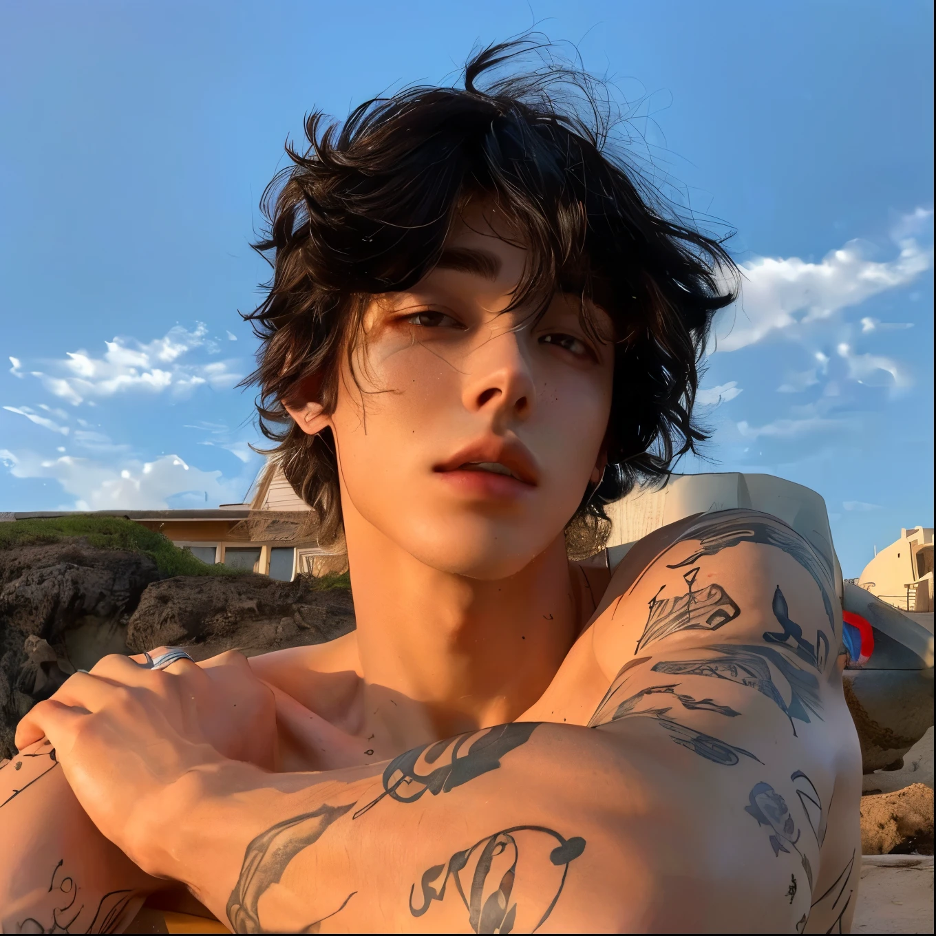 arafed man with tattoos on his arm and chest sitting on the beach, timothee chalamet, declan mckenna, inspired by Luca Zontini, finn wolfhard, beautiful androgynous prince, delicate androgynous prince, androgynous male, androgynous person, style of seb mckinnon, an epic non - binary model, arian mark, adrien girod , bts jimin , Korean male , kpop boy 