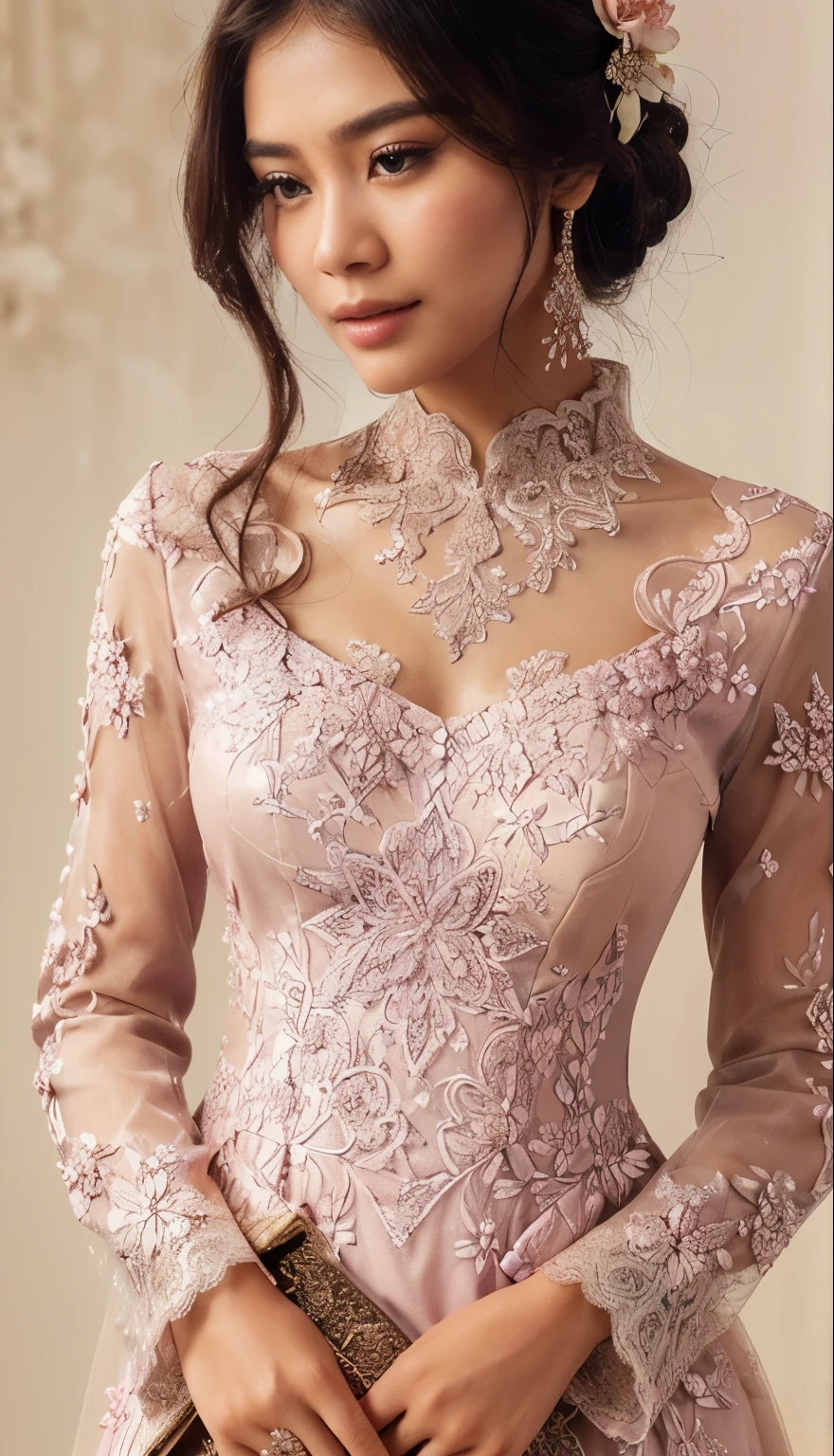 a Javanese girl in a pink dress with a flower in her hair,(best quality,4k,8k,highres,masterpiece:1.2),ultra-detailed,(realistic,photorealistic,photo-realistic:1.37),intricate details, beautiful eyes, delicate facial features, light and airy, warm lighting, natural tones, cinematic, elegant, portrait , detailed dress, intricate detailed dress, intricate lace dress, beautiful detailed dress, intricate details. front on, intricate dress, kebaya, intricate and elegant, high delicate defined details, very detailed and rich clothing, intricately detailed clothing, beautiful detailed elegant