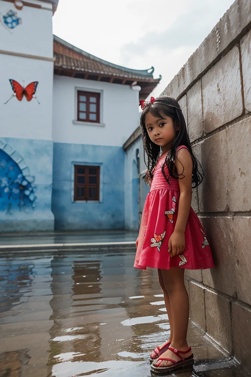 Realistic images of 7 year old filipina cute  wearing a red butterfly dress and pink sandals standing in wet wall.The background is frozen palace and  many blue butterfly.