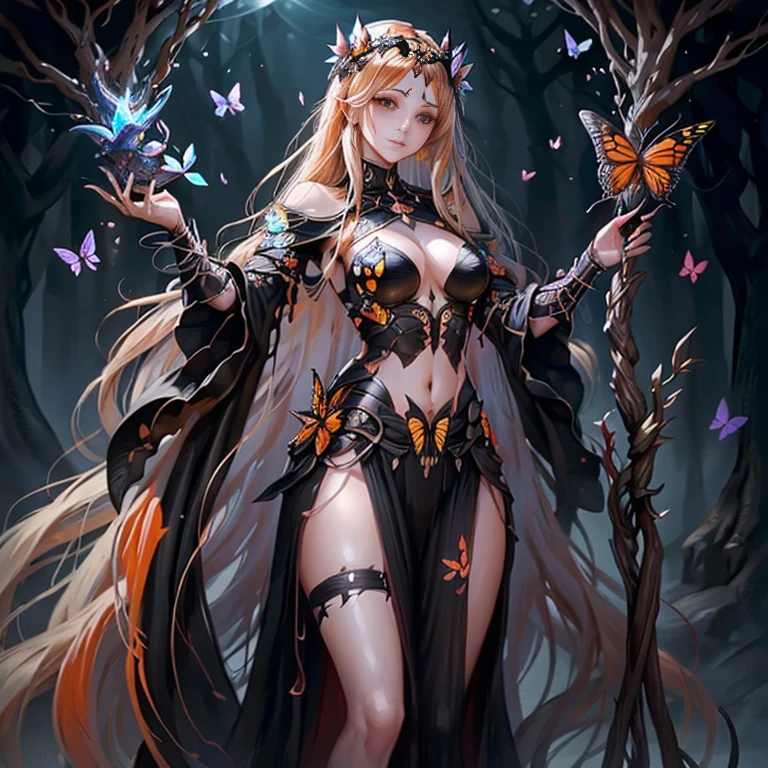 (Looking at the viewer) (1girl) An orange long hair sexy lady of butterflies wearing a black mini armor butterfly accents, wearing a butterflies crown, lots of butterflies flying around, butterfly, butterflies, in the dark