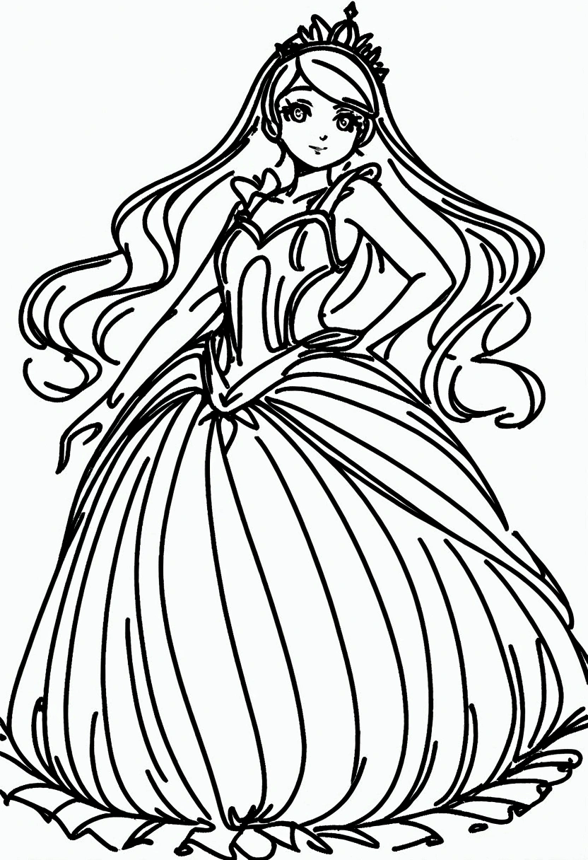 barbie princess, coloring page for kids, line art, no color, white background