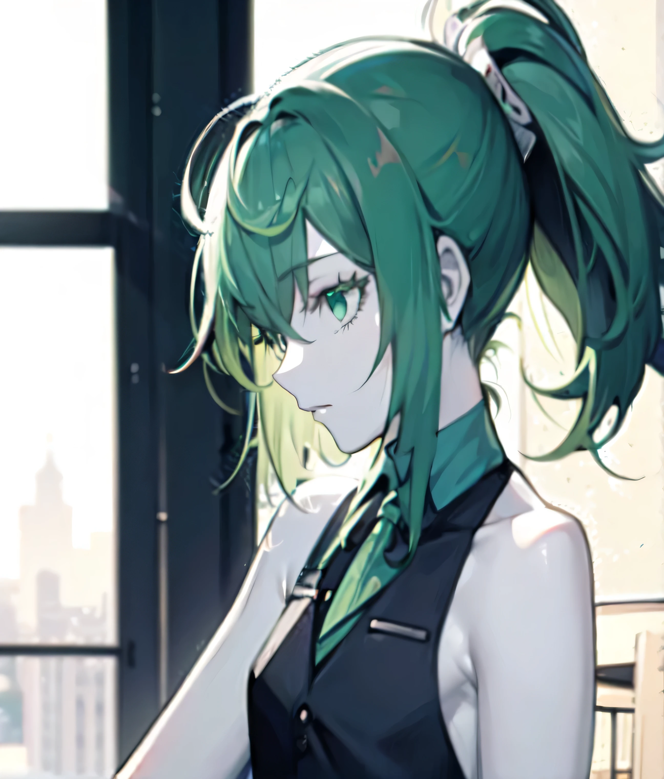 (masterpiece:1.2), (pale skin:1.2), (solo:1.2), (female:1.1), (emphasis lines:1.3), sitting, windows, table, ponytail, green hair, gloves, vest, bare shoulders, green eyes