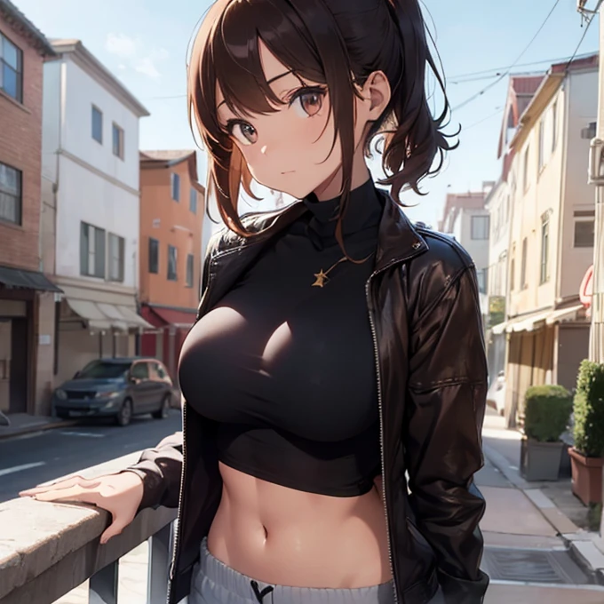 1 female. Half body shot. 22 years in age. 5'4. Slim thick, huge perky tits, tight turtle neck crop top and jacket, short messy boy hair, brown reddish hair, collar around her neck, apartment balcony, golden hour, mischievous eyes, look up at me. . Extremely thicc, tomboy, short shorts, visible thong