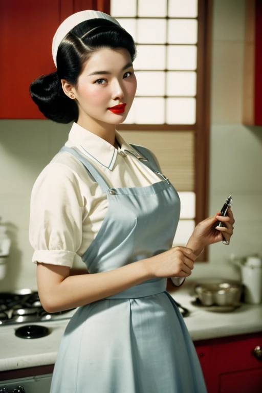 Seoul, 1952, cinematic photo ((1 korean woman)),RAW photo,candid,medium-wide shot,big breasts, strikingly beautiful, delicate facial features, porcelain skin, expressive eyes, black hair, red lips,1950s fashion,apron,1950s kitchen,kitchen,stepford wife,1950s stepford wife,(((black hair)),full body view,very high heels,(1950s hair wide ponytail),wide shot,(((brushing hair with left hand in hair))), hair hair brush,Poodle Cut,Wearing a Turban or Headscarf,Rhinestone Headband,