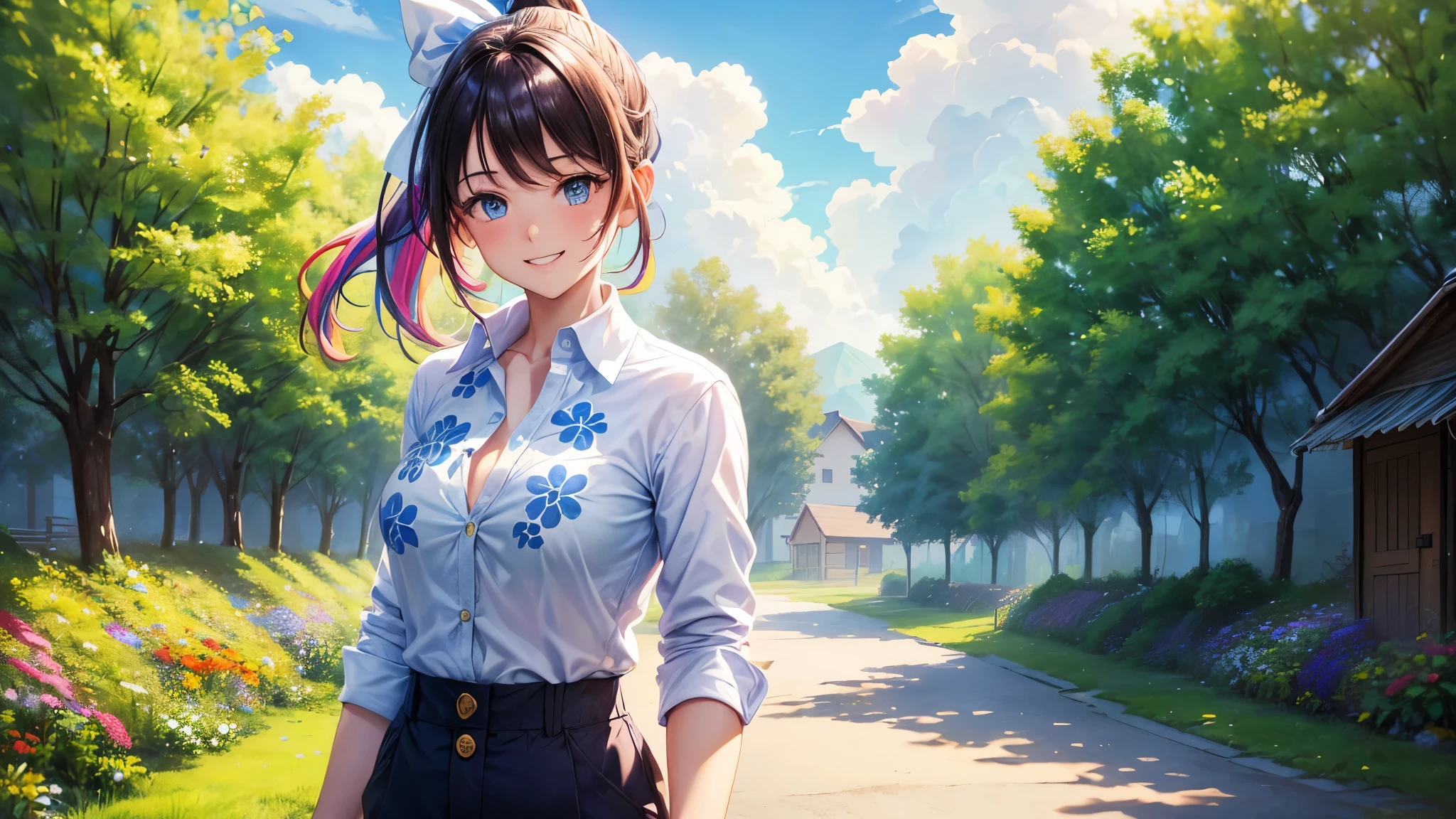 1girl, summer, village, trees, sun, clouds, ((colorful hair)), ponytail, large breasts, ((popping shirt buttons)), button down, unbuttoning buttons, blue eyes, ((floral pattern white shirt)), ((unbuttoned shirt)), ((short sleeved shirt)), shorts, brown shoes, grin, looking at the viewer, standing, hair ribbon