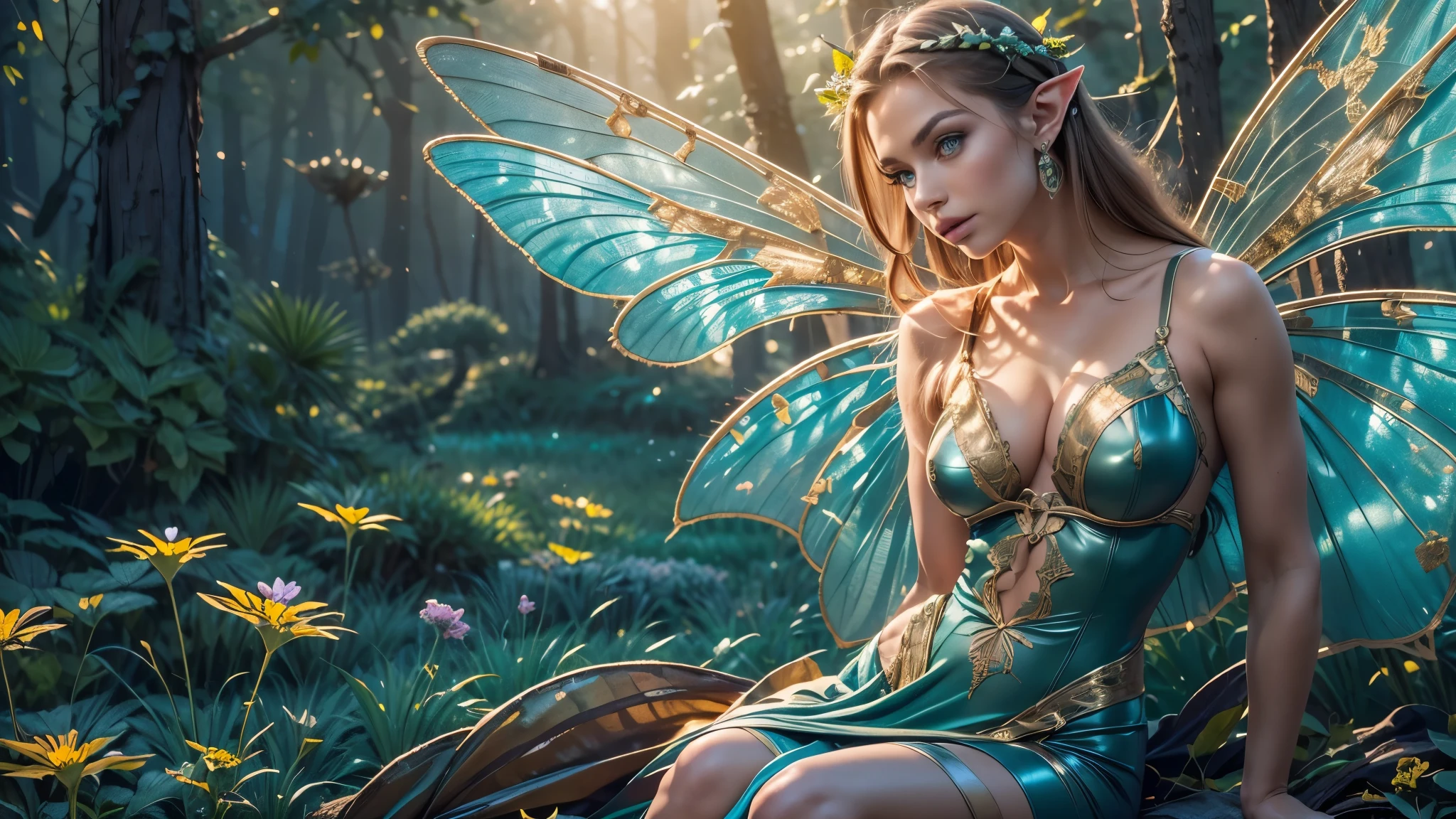 Beautiful faerie woman, elf ear, flying, holographic dragonfly wings on her back, glowing blue eyes, detailed proportional hands, proportional body, firm breast, frank Frazzetta painting style, (Best Quality:1.4), (Ultra-detailed), (extremely detailed CG unified 8k wallpaper), Highly detailed, RAW Photos, Professional Photography, plein air, Illumination, (Super fancy photos:1.4), (Dazzling light), Radiant Photography, depth of fields