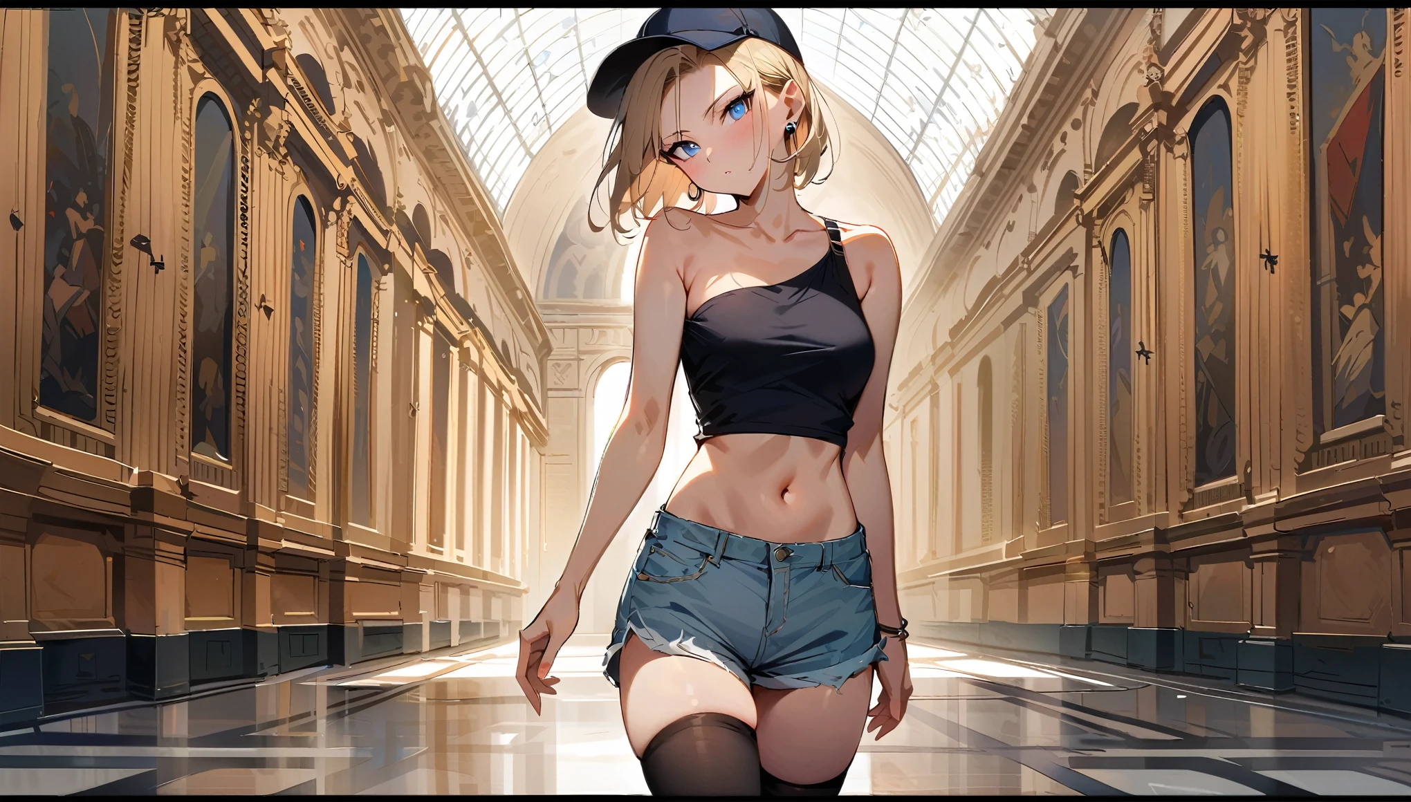 (masterpiece, best quality:1.2), from behind, solo, Android 18 from Dragon Ball, ((slip-on one-shoulder crop top)), (light gray top:1.2), (gray sport short shorts), strings of thong underwear slightly visible, (wearing glasses), small breasts, short blonde hair loose, (blue eyes), earrings on earlobes,  ((plane black cap)), black thighhighs, black loafers, head tilt, light blush, looking back, arms behind back, slender feminine figure, narrow waistline, skinny body, no jacket, no logo, backless crop top, walking, the Louvre, the Eiffel Tower, outside, natural lighting and shadows, magnificent view, blur background, 4K