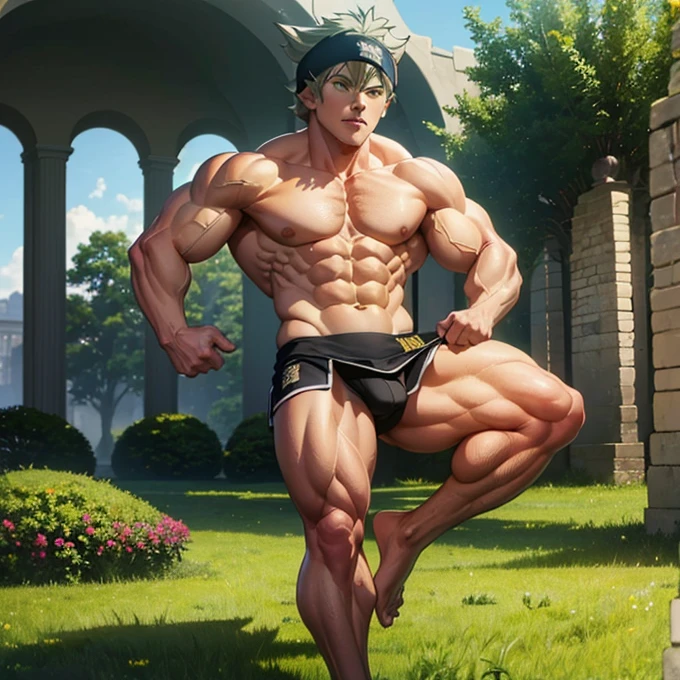(Eine detaillierte Zeichnung von asta, asta ist ein ager und 14 Jth a naked torso, oiled body, Ripping clothes, the strongest of all, huge muscular body, big Bizeps, big shoulders, Muskelbeine,Abs, Barefoot , Muskel Training, biceps curls, trains his muscular body on a green meadow, Full body image