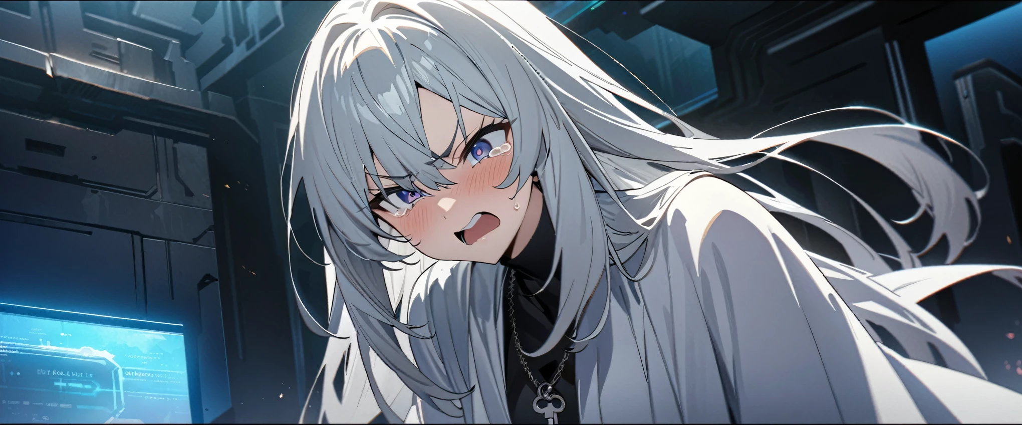 (((masterpiece,highest quality))),((Long-haired silver-haired wizard anime girl in robe costume)),((He has a key-shaped stick)),((Key motif necklace)),(Her face is a little red and she has a tear in one eye.),Angry expression,A room in a futuristic building,anime