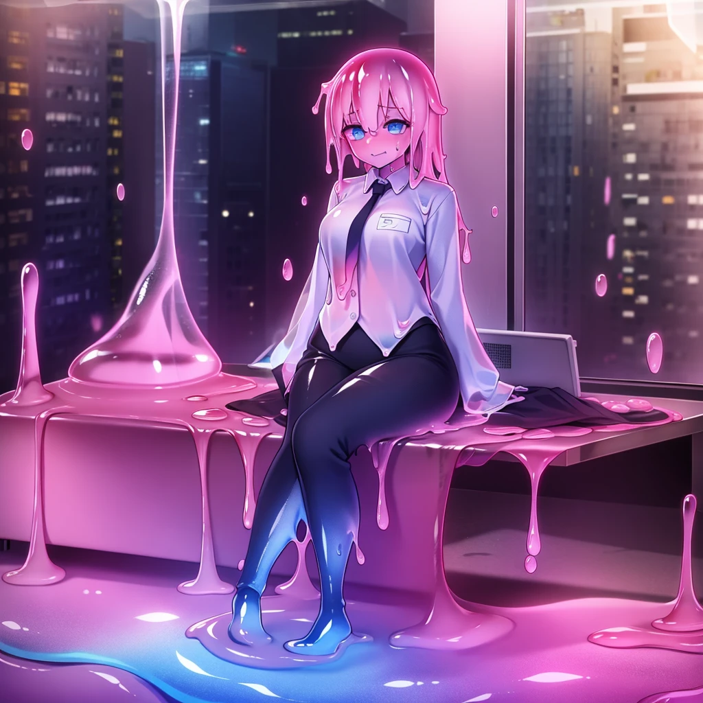 Slime girl, man, {office background}, {{tie, shirt, business suit}}, (melting legs:1.4), {{pink hair, pink skin}}, happy, blue eyes, medium hair, {slime translucent skin},