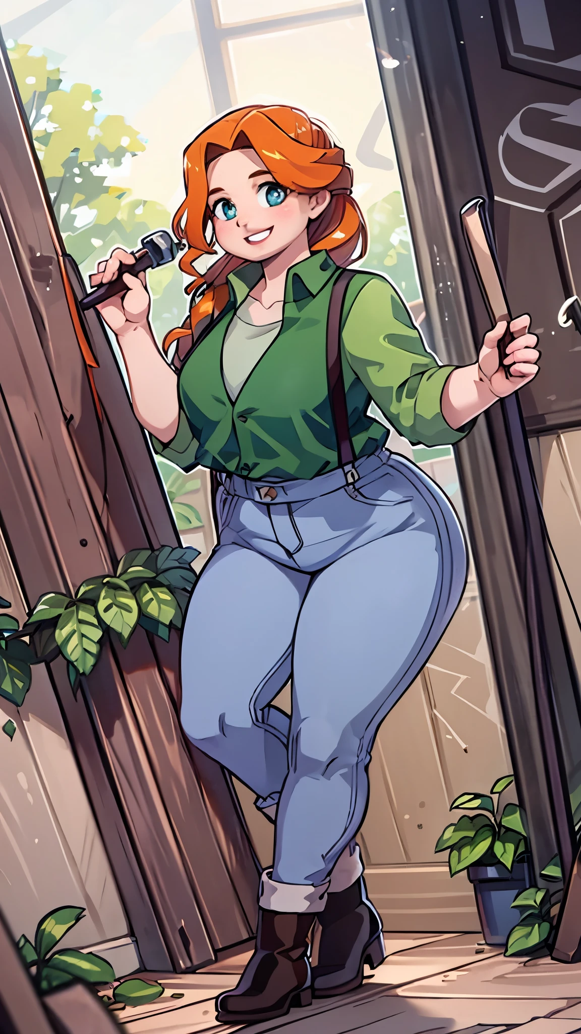 Green simple tunic, suspenders, jeans, brown boots, happy face, smiling, inside, wood sculpture, holding a Hammer, wooden cabine, day, long hair