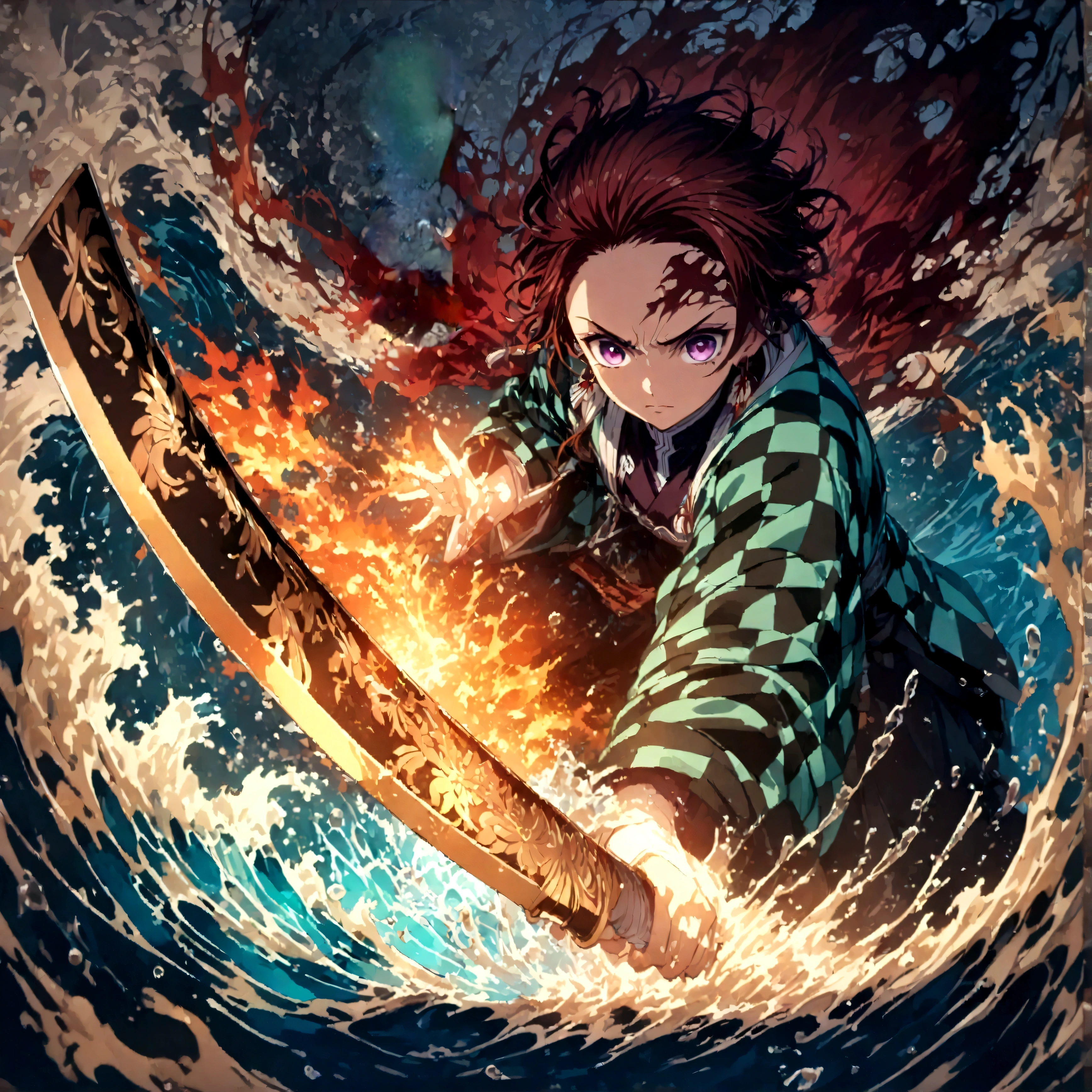 Fixes,(1 male,tanjiro kamado),Demon slayer,Tanjiro&#39;Costumes,Holding a Japanese sword,water流のエフェクト,Fire effect,Intricate details,Spirit,Decadent,artwork,rendering,Dynamic pose,(masterpiece:1.3),(highest quality:1.4),(Very detailed:1.5),High resolution,Very detailed,unity 8k wallpaper,Dark fantasy,,Glare,Fighting Style,Presence,Draw artistic background,(Japanese style sculpture:water:Wave:流water),Gold Leaf,Glare,Absurd,Zentangle,rendering,Hopeless shape,Looking into the camera,break,The Japanese sword is straight., thin, Has metallic luster.,Please hold the handle of the Japanese sword