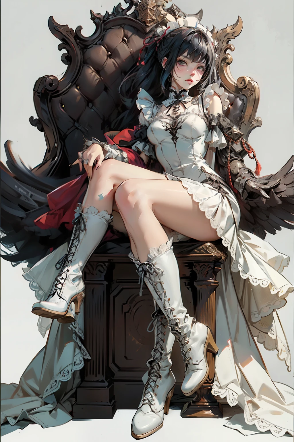 ((best quality)), ((masterpiece)), (detailed), blank white background, plain background, white background, red and white clothing, Bloodborne inspired, occult aesthetic, occult, detailed and intricate steampunk and detailed gothic, NSFW, Very dramatic and cinematic lighting, cosmic horror, grim-dark, side-lighting, perfect face, NSFW, Fluttering lace flared long knee length dress with frilly petticoats, knee length dress, pleated petticoats, lolita dress, petticoats gothic lolita, complex lace boots, wielding a sword and holding a shield, side-lighting, gothic lolita aesthetic, sitting on a grand throne, NSFW, beautiful small breasts, small breasts, full body, whole body, body, plain background, white background, blank background, no background, white background NSFW, full body, whole body, head-to-toe NSFW