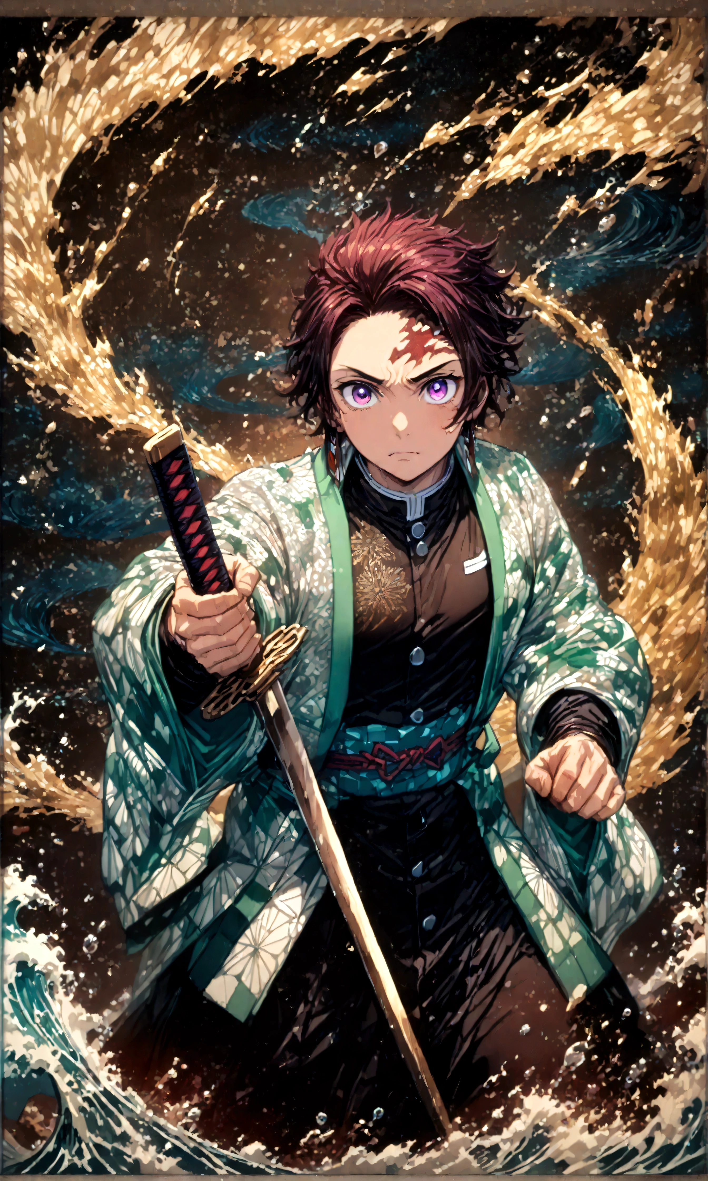 (1 male,tanjiro kamado),Demon slayer,Tanjiro'Costume,(Japanese sword:Iaido Style),Water flow effect,Fire effect,Intricate details,,Decadent,artwork,rendering,Dynamic pose,(masterpiece:1.3),(highest quality:1.4),(Very detailed:1.5),High resolution,Very detailed,unity 8k wallpaper,Dark fantasy,,Glare,Fighting Style,Sense of presence,Draw artistic background,(Engraving Japanese-style patterns:water:Wave:流water),Gold Leaf,Glare,Absurd,Zentangle,rendering,Hopeless shape,Looking into the camera,BREAK,The Japanese sword is straight, slender, and has a metallic sheen.,Please hold the Japanese sword by the handle