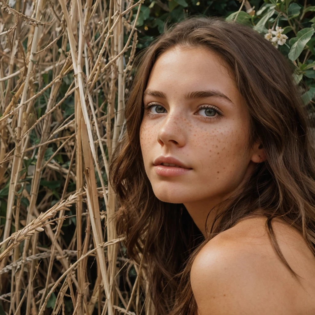 Generate me a brunette girl with freckles who looks at the camera and what sees the torso