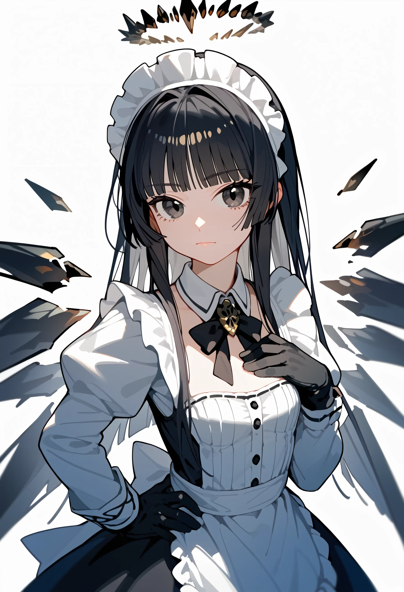 (score_9, score_8_up, score_7_up), cute anime, 1girl, VirtuosaBase, black eyes, long hair, hime cut, maid outfit, long sleeves, black gloves, hand on hip, maid headdress, energy wings, looking at viewer, upper body, above view, hands on chest, small breasts, neutral, calm, closed mouth, portrait, 