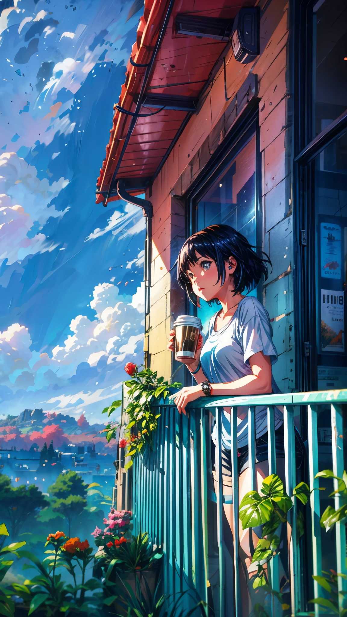 a girl standing on a balcony with a cup of coffee, cgsociety 9, chillhop, alena aenami and artgerm, makoto shinkai and artgerm, lofi girl aesthetic, anime scenery, makoto shinkai and (cain kuga), lofi aesthetic, anime landscape, anime nature, roof background, anime wallaper, HD, UHD, HDR, 32 K