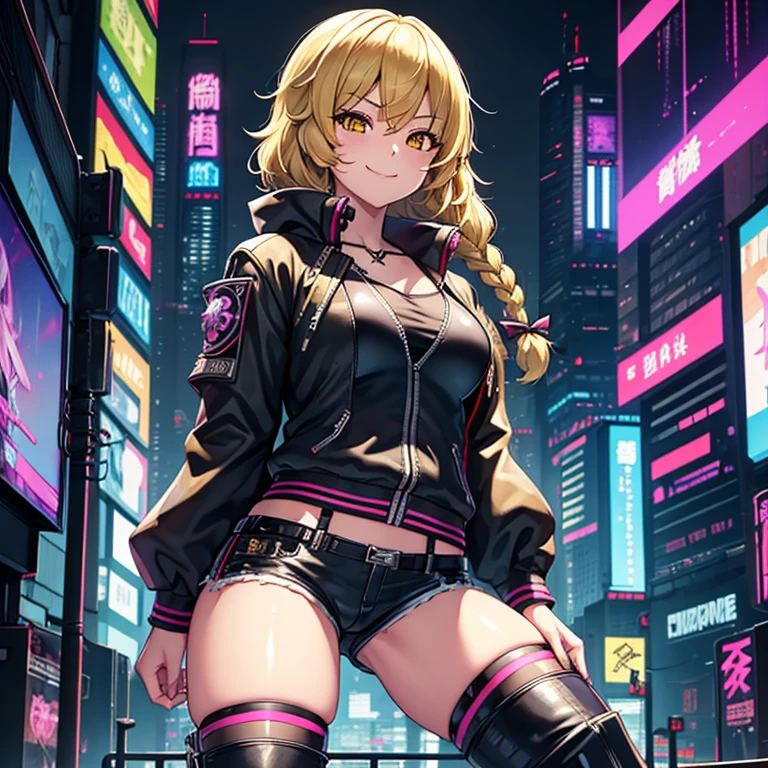 1 girl, solo, Marisa Kirisami, touhou, masterpiece, blonde hair, side braid, yellow eyes, smug smile, alternate costume, black bomber jacket, punk rock shorts, rocker boots, cyberpunk art style, cyberpunk cityscape, wide shot