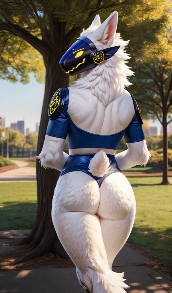 Protogen, male, femboy body, thick thighs, wide hips, small waist, realistic fur, sexy, large legs, park, white body, by bebebebebe, top wear, balls, large flaccid penis, shy pose, back view ass