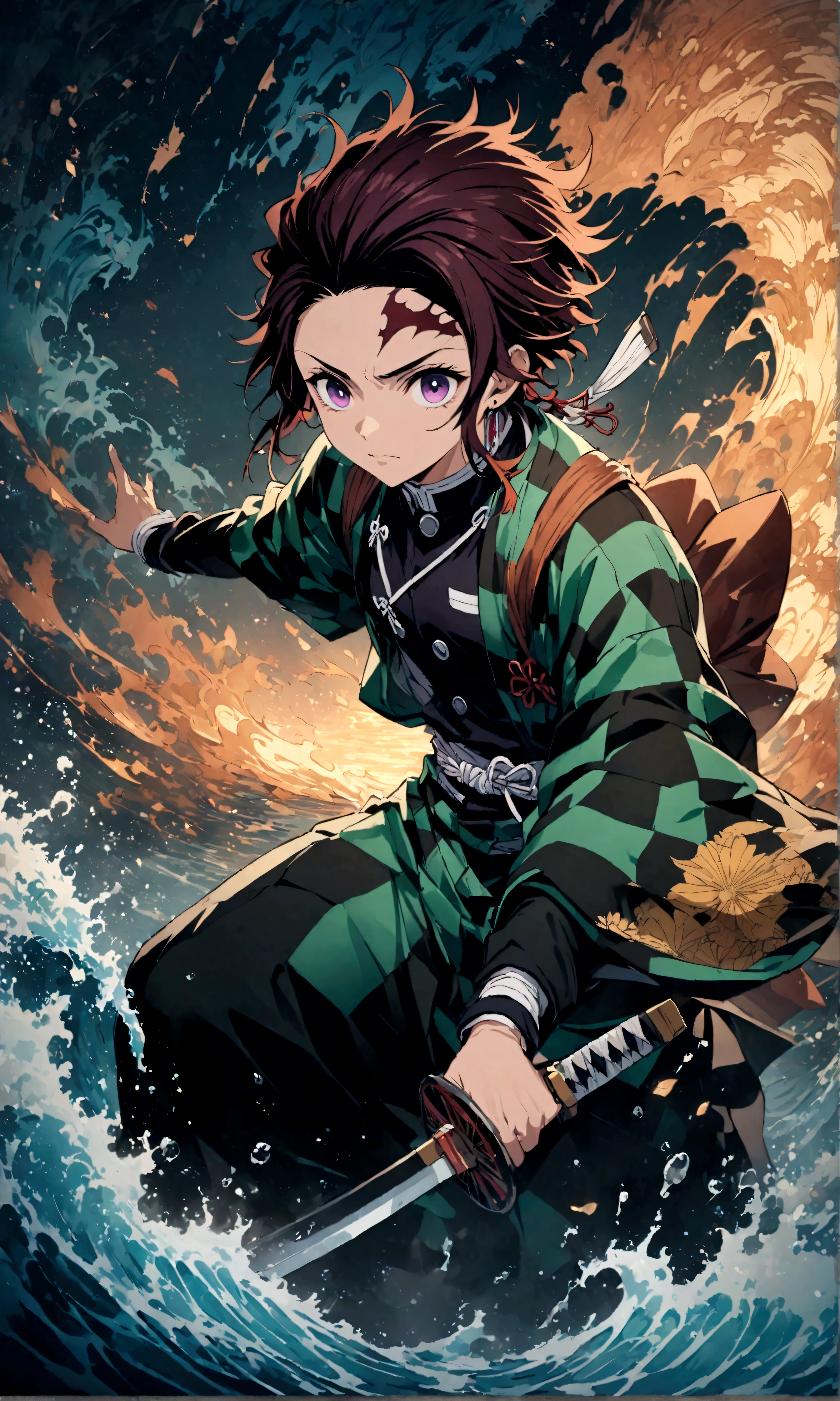 (1 male,tanjiro kamado),Demon slayer,Tanjiro'Costume,Holding a Japanese sword,Water flow effect,Fire effect,Intricate details,,Decadent,artwork,rendering,Dynamic pose,(masterpiece:1.3),(highest quality:1.4),(Very detailed:1.5),High resolution,Very detailed,unity 8k wallpaper,Dark fantasy,,Glare,Fighting Style,Sense of presence,Draw artistic background,(Engraving Japanese-style patterns:water:Wave:流water),Gold Leaf,Glare,Absurd,Zentangle,rendering,Hopeless shape,Looking into the camera,BREAK,Japanese swords are straight, slender, and have a metallic luster.,Please hold the Japanese sword by the handle