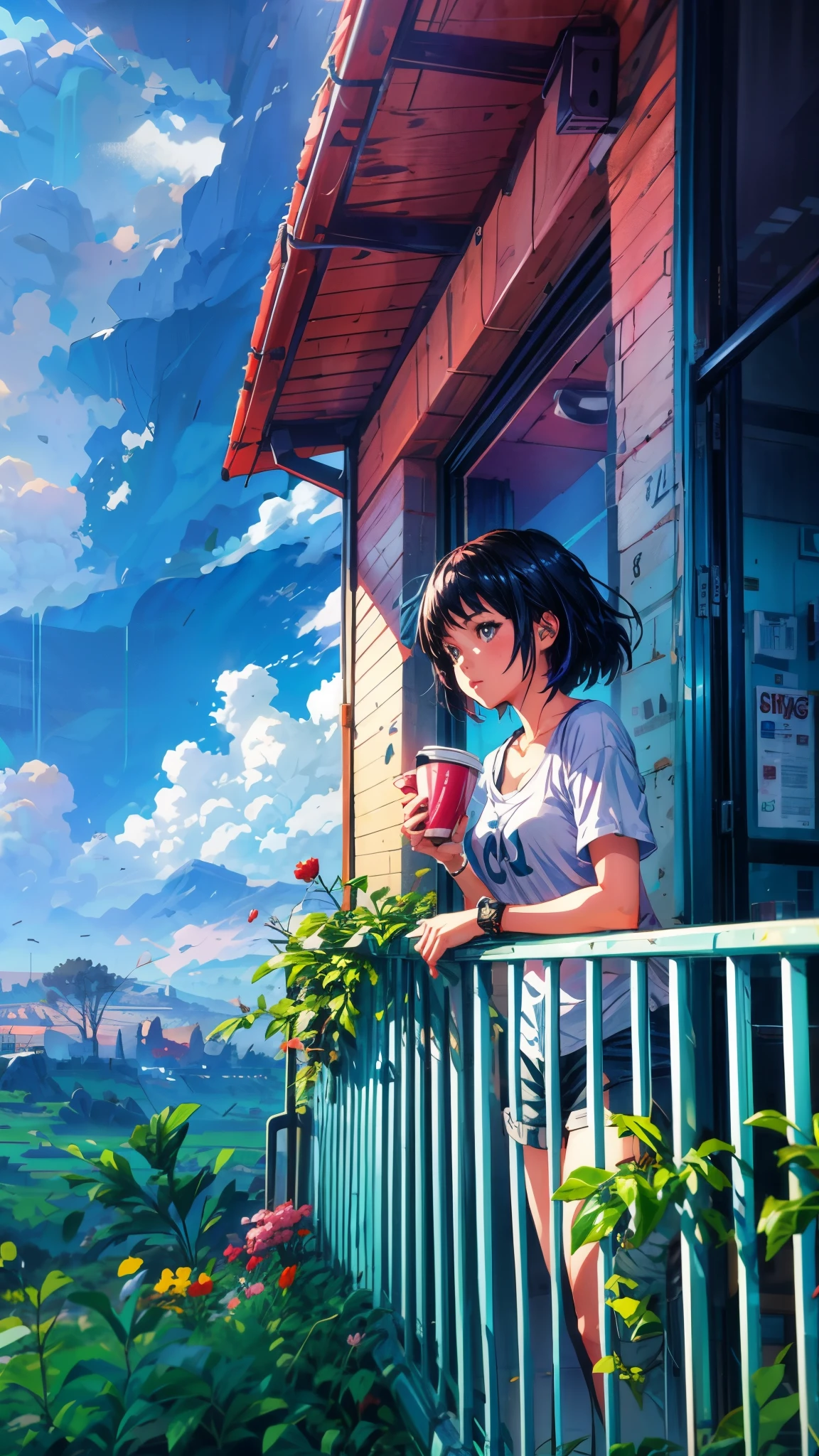 a girl standing on a balcony with a cup of coffee, cgsociety 9, chillhop, alena aenami and artgerm, makoto shinkai and artgerm, lofi girl aesthetic, anime scenery, makoto shinkai and (cain kuga), lofi aesthetic, anime landscape, anime nature, roof background, anime wallaper, HD, UHD, HDR, 32 K