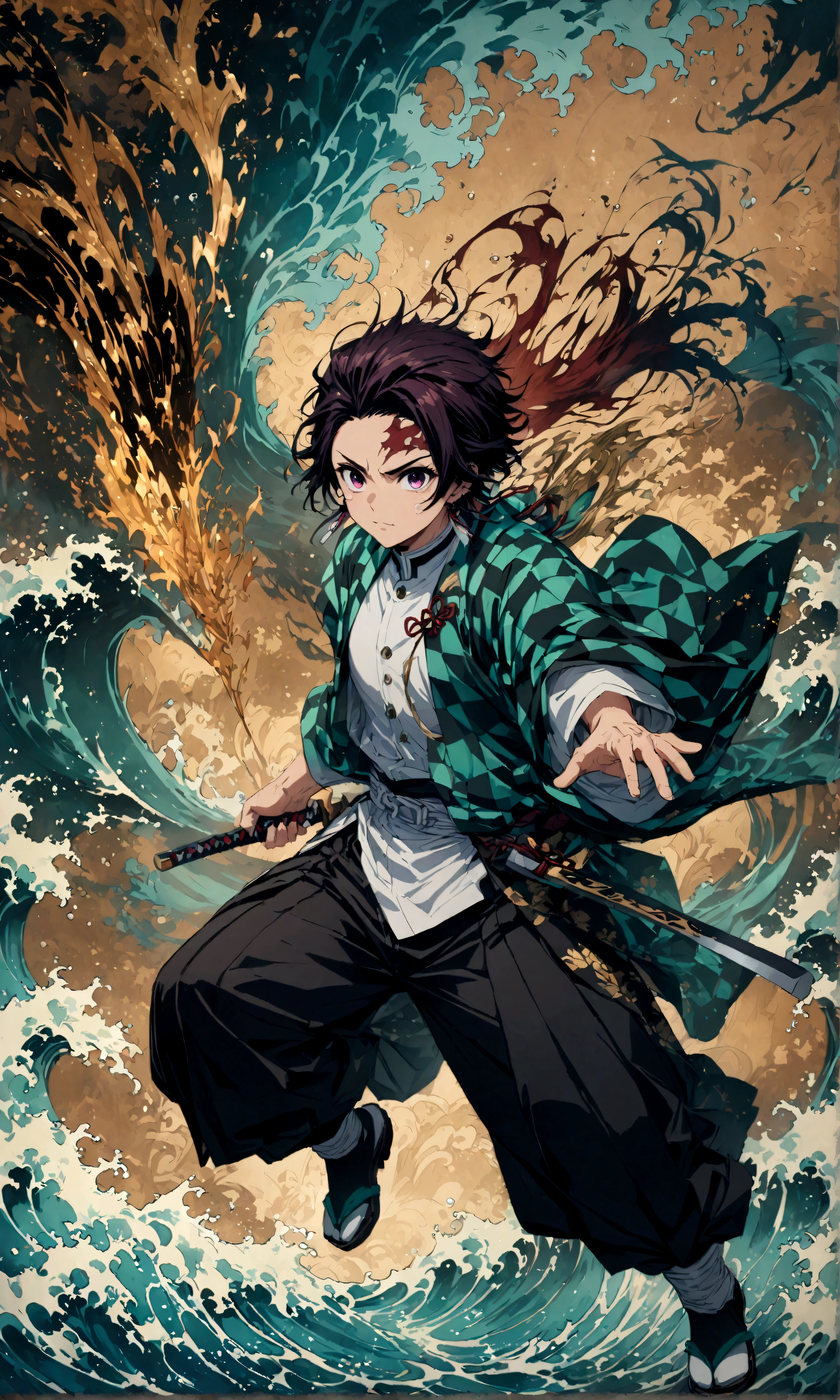 (1 male,tanjiro kamado),Demon slayer,Tanjiro&#39;Costume,Japanese sword,Water flow effect,Fire effect,Intricate details,,Decadent,artwork,rendering,Dynamic pose,(masterpiece:1.3),(highest quality:1.4),(Very detailed:1.5),High resolution,Very detailed,unity 8k wallpaper,Dark fantasy,,Glare,Fighting Style,Sense of presence,Draw artistic background,(Engraving Japanese-style patterns:water:Wave:流water),Gold Leaf,Glare,Absurd,Zentangle,rendering,Hopeless shape,Looking into the camera,BREAK,The Japanese sword is straight, slender, and has a metallic sheen.,Please hold the Japanese sword by the handle