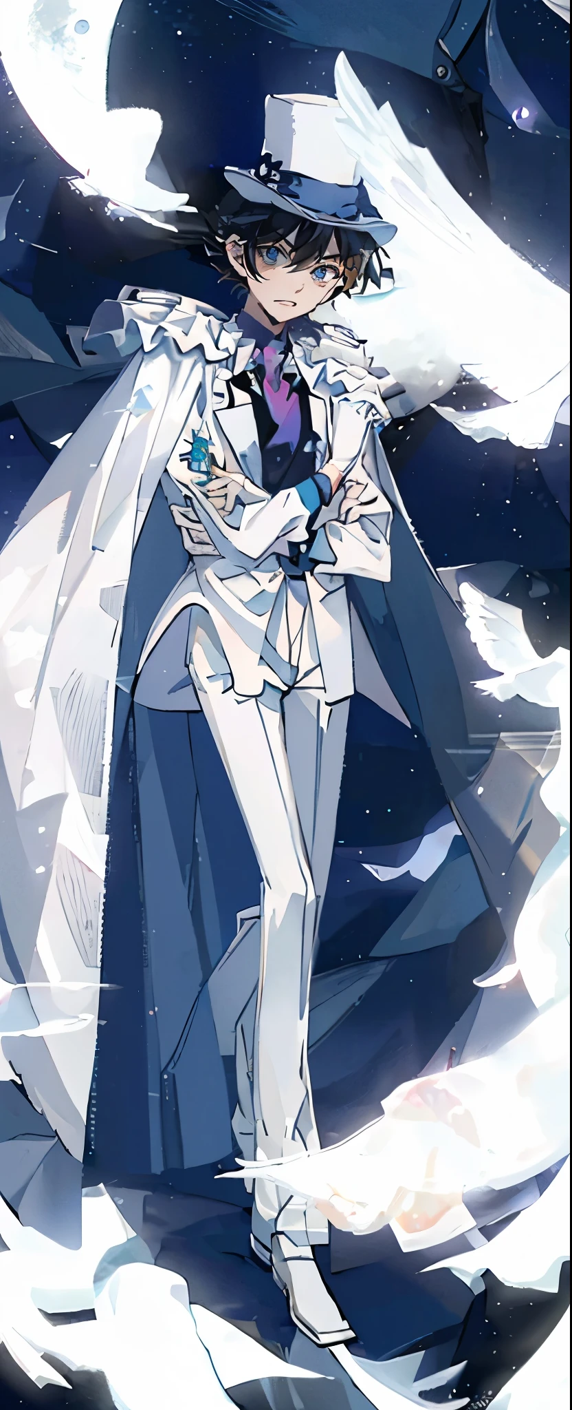 (Mastepiece), (Best Quality), Very detailed, ((17 year old boy:1.5)), (Full body photography:1.3)、Perfect Face, Beautiful Face, Very detailedな顔,(Black short hair:1.3),(Blue Eyes:1.3)、((White Suit 1.4))、(Blue Shirt)、(Pink tie)、((White Top Hat 1.4))、((White Cape:1.4))、(White Gloves 1.4)、(Monocle 1.3)、(Playing cards 1.3)、(White Moon:1.4)、(Night Sky:1.5)、(White Dove:1.2)、(gem:1.4)、magician、handcuffs