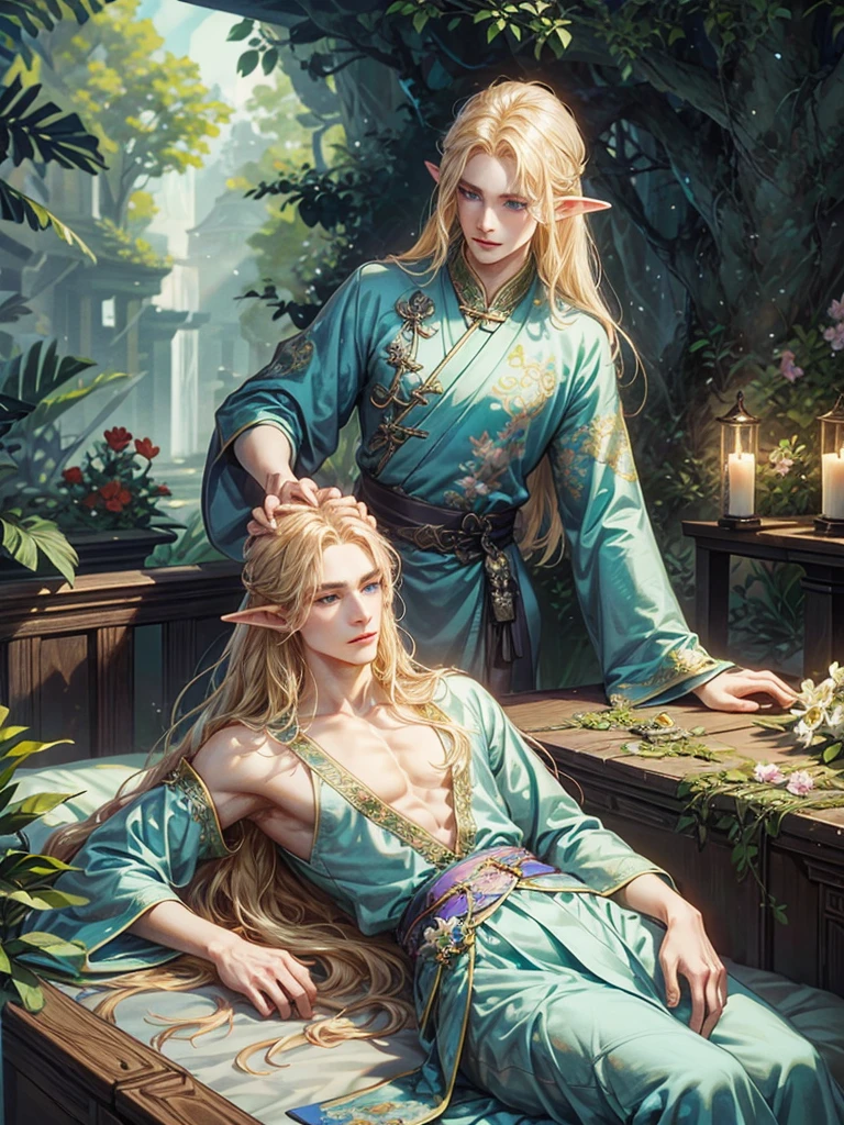 Male elf, with long blonde hair, closed blue eyes, small waist, resting in bed , flowers and plants around him.
Detailed donghua, chinese elaborate clothes style, with jewerly
Intricate detail quality
Detailed Masterpiece
Absurd Res
HDR