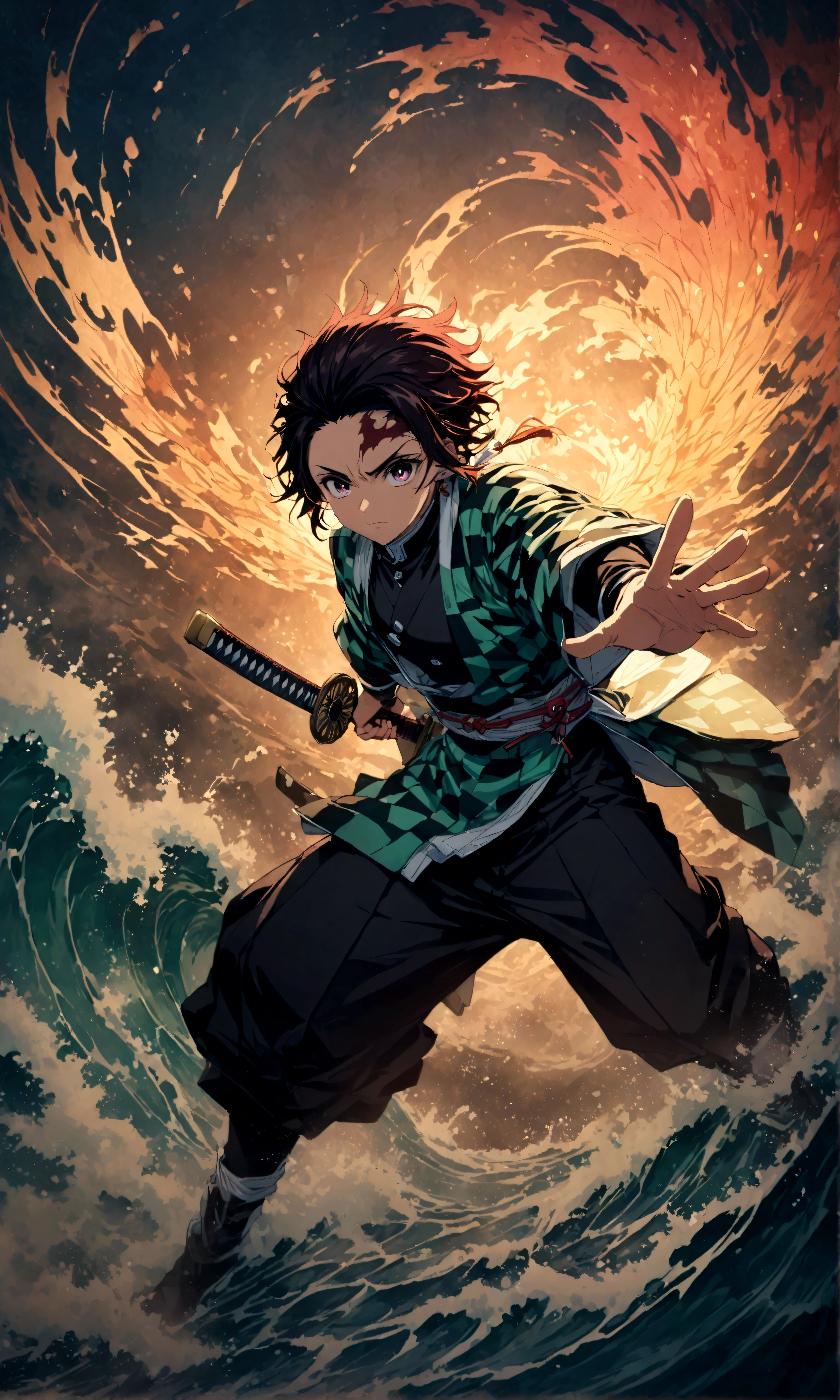 (1 male,tanjiro kamado),Demon slayer,Tanjiro&#39;Costume,Holding a Japanese sword,Water flow effect,Fire effect,Intricate details,,Decadent,artwork,rendering,Dynamic pose,(masterpiece:1.3),(highest quality:1.4),(Very detailed:1.5),High resolution,Very detailed,unity 8k wallpaper,Dark fantasy,,Glare,Fighting Style,Sense of presence,Draw artistic background,(Engraving Japanese-style patterns:water:Wave:流water),Gold Leaf,Glare,Absurd,Zentangle,rendering,Hopeless shape,Looking into the camera,BREAK,Japanese swords are straight, slender, and have a metallic luster.,Please hold the Japanese sword by the handle