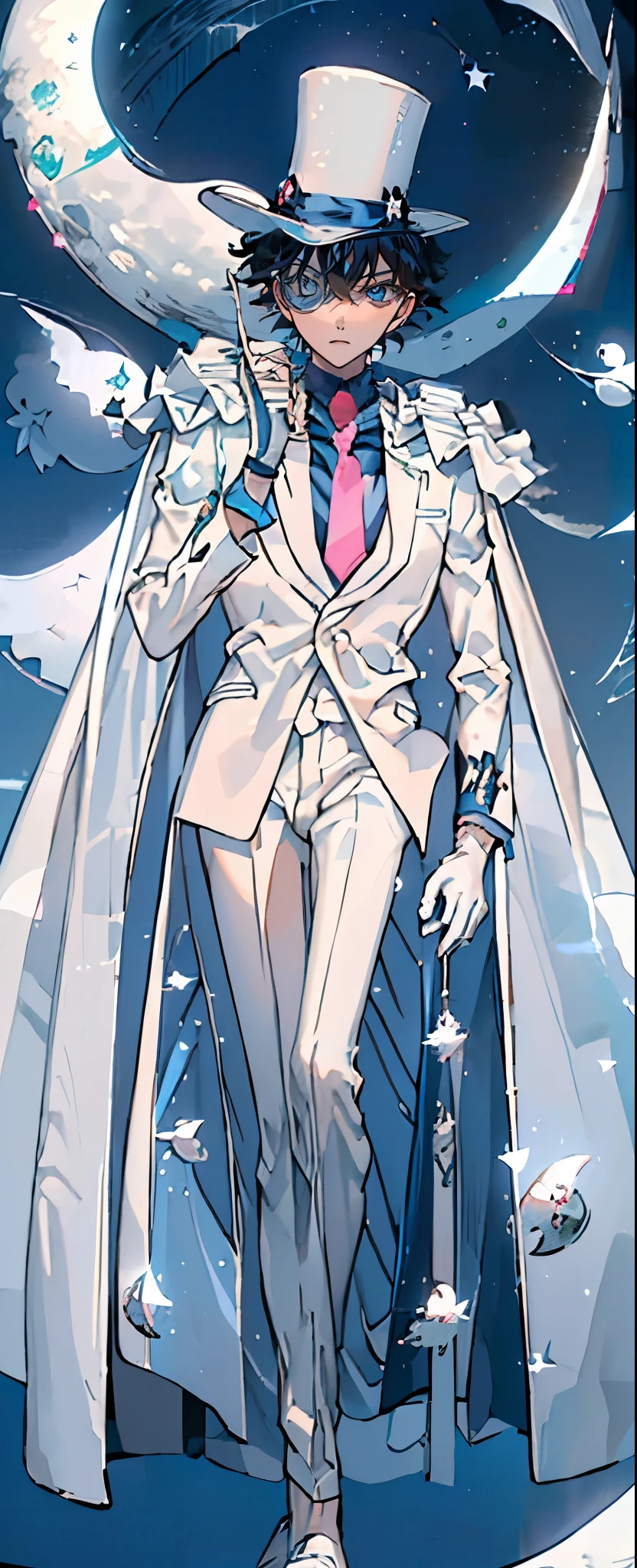 (Mastepiece), (Best Quality), Very detailed, ((17 year old boy:1.5)), (Full body photography:1.3)、Perfect Face, Beautiful Face, Very detailedな顔,(Black short hair:1.3),(Blue Eyes:1.3)、((White Suit 1.4))、(Blue Shirt)、(Pink tie)、((White Top Hat 1.4))、((White Cape:1.4))、(White Gloves 1.4)、(Monocle 1.3)、(Playing cards 1.3)、(White Moon:1.4)、(Night Sky:1.5)、(White Dove:1.2)、(gem:1.4)、magician、handcuffs