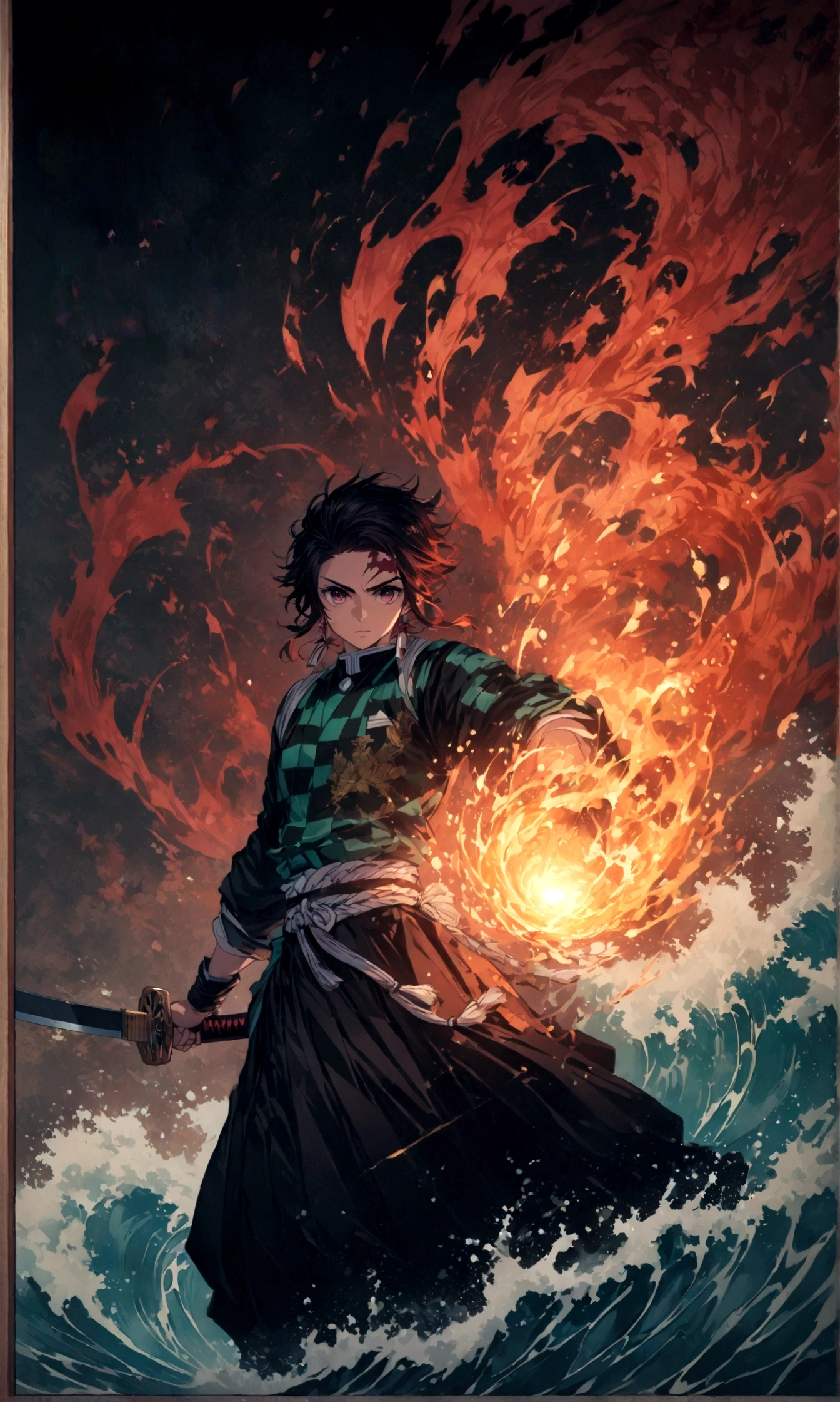 Fixes,(1 male,tanjiro kamado),Demon slayer,Tanjiro'Costumes,Holding a Japanese sword,water流のエフェクト,Fire effect,Intricate details,,Decadent,artwork,rendering,Dynamic pose,(masterpiece:1.3),(highest quality:1.4),(Very detailed:1.5),High resolution,Very detailed,unity 8k wallpaper,Dark fantasy,,Glare,Fighting Style,Presence,Draw artistic background,(Japanese style sculpture:water:Wave:流water),Gold Leaf,Glare,Absurd,Zentangle,rendering,Hopeless shape,Looking into the camera,break,The Japanese sword is straight., thin, Has metallic luster.,Please hold the handle of the Japanese sword