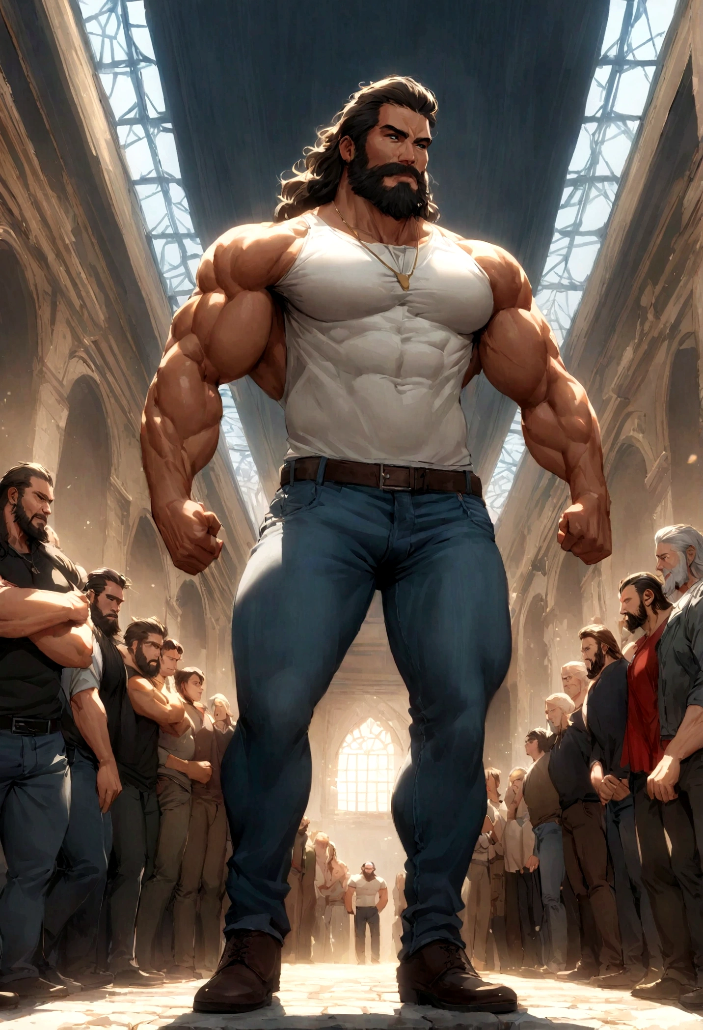 cara musculoso, Wearing Jeans, vestindo camisa branca, Desabotoar camisa na parte superior, Peito grande, muscular arms, caminhoneiro, bearded man standing, pose viril, no clube, with crowds, Cabelo curto, segurando o saco, volumoso.