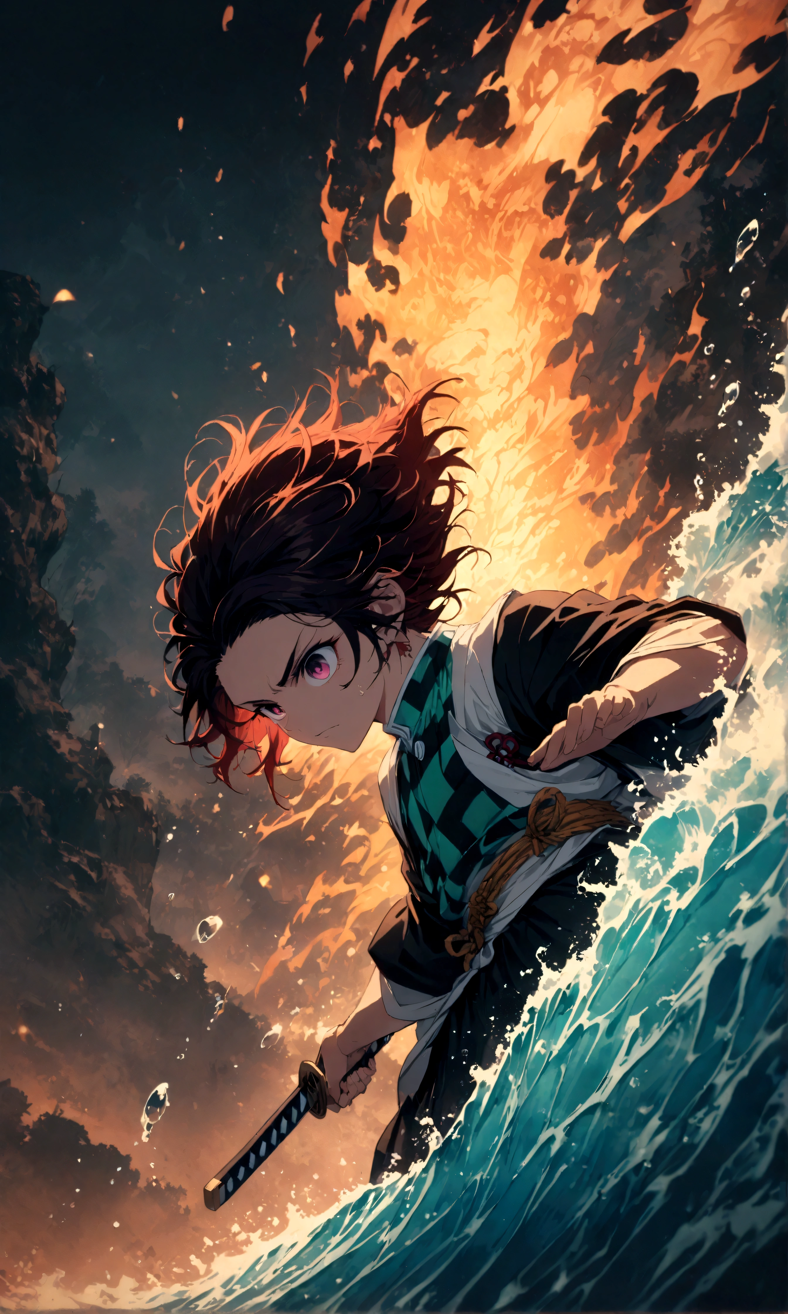 (1 male,tanjiro kamado),Demon slayer,Tanjiro'Costume,Holding a Japanese sword,Water flow effect,Fire effect,Intricate details,,Decadent,artwork,rendering,Dynamic pose,(masterpiece:1.3),(highest quality:1.4),(Very detailed:1.5),High resolution,Very detailed,unity 8k wallpaper,Dark fantasy,,Glare,Fighting Style,Sense of presence,Draw artistic background,(Engraving Japanese-style patterns:water:Wave:流water),Gold Leaf,Glare,Absurd,Zentangle,rendering,Hopeless shape,Looking into the camera,BREAK,Japanese swords are straight, slender, and have a metallic luster.,Please hold the Japanese sword by the handle
