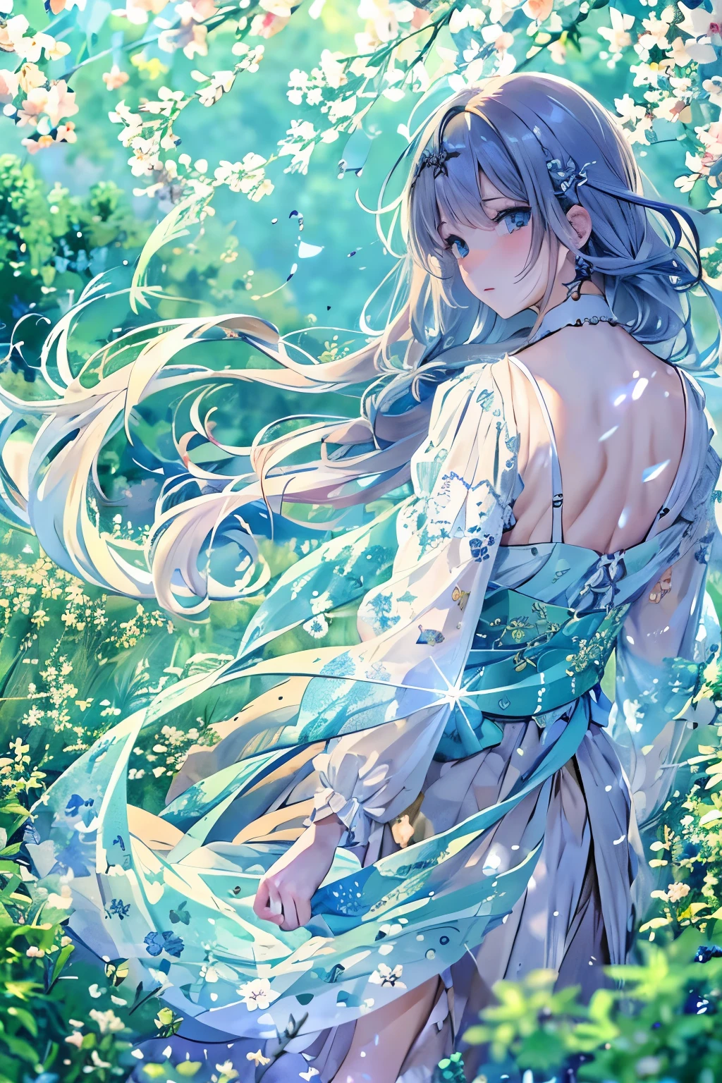 A man standing on a sparkling meadow、gemが散りばめられている、gem、blue、White、Fairy、spirit、water、SEED number 3463492918