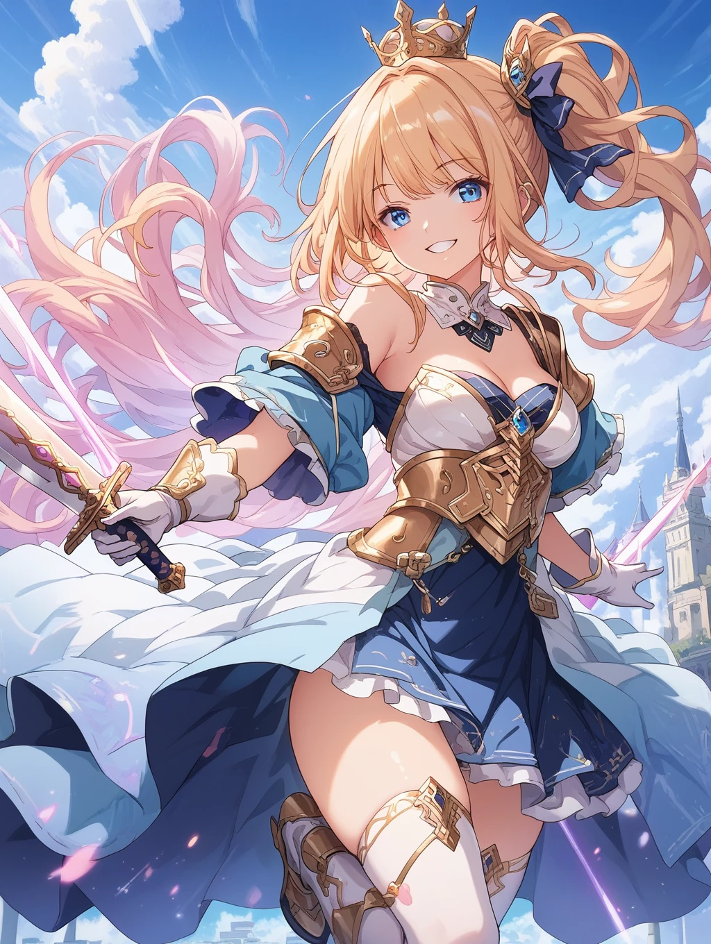 score_9, score_8_up, score_7_up, source_anime,masterpiece, best quality, high resolution, extremely detailed CG, absurdres, 1girl, solo, a girl in armor and a smaill crown holding a large sword, white_armor, golden_decoration, ((dark_blue_dress)), off-shoulder, thighhighs, long hair, side_ponytail, blond hair, ((leg armor)), cleavage, small_crown, gloves, armor, white_gloves, off-shoulder armor, smile, ((ornamental armor)),((large sword))