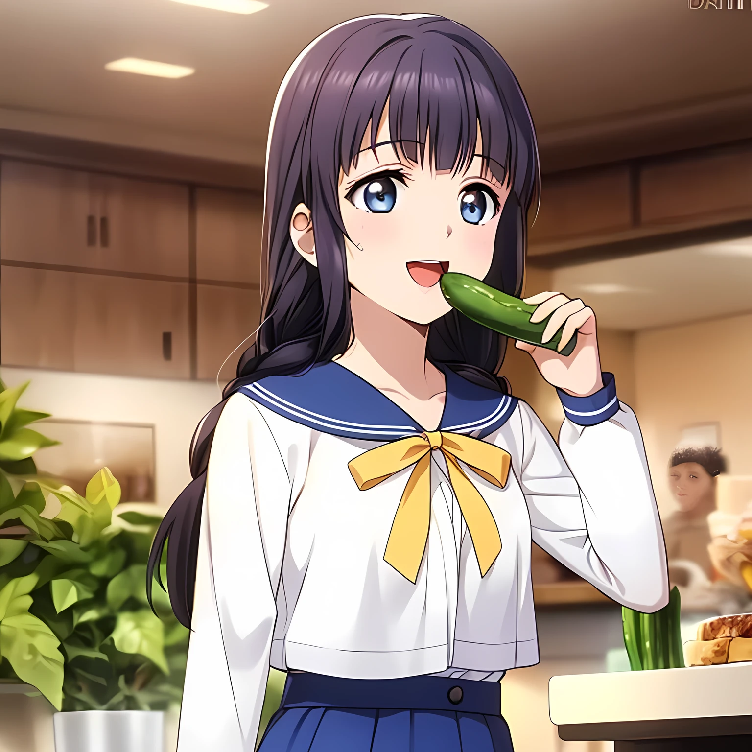 (highest quality, masterpiece:1.2), highest quality, High resolution, 1080p, 8K, Game heroine CG, Height: 158cm, ((The beautiful game heroine is eating a long cucumber with sweet nectar with gusto.)), A face that everyone loves, Glossy lips, Even bangs, Double, Long eyelashes on both the top and bottom, Smiling blue eyes, The very large and thick yellow ribbon bowtie is very cute., ((Black Hair)), Beautiful, shiny, long braids, ((A long, neat, dark navy pleated skirt)), (((A long-sleeved navy blue sailor uniform for winter, all dark blue in color))), ((Navy blue jacket)), Smiling, slightly open mouth like a game heroine, Ribbon in hair, Tight waist, The background is a blank white space, ((Blur the background))