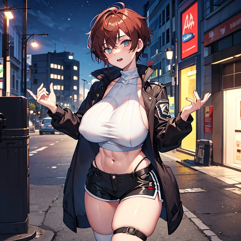 1 female. Half body shot. 22 years in age. 5'4. Slim thick, huge perky tits, tight turtle neck crop top and jacket, short messy boy hair, brown reddish hair, collar around her neck, Urban background, night time mischievous eyes, look up at me. . Extremely thicc, tomboy, short shorts, visible thong , fat ass, fat tits, toned abs, biceps
