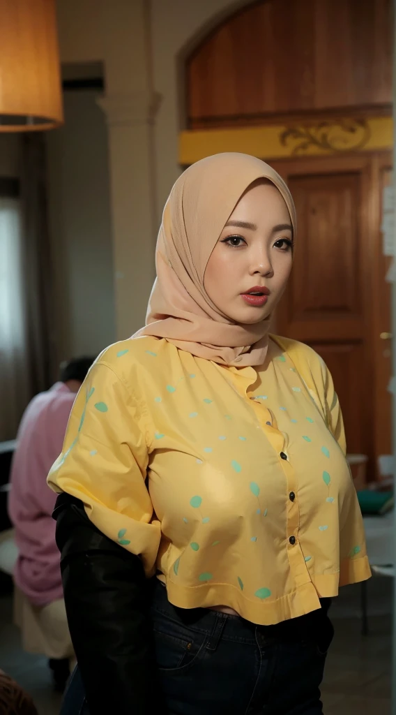 (((MALAY HIJAB GIRL))), (realistic, photo-realistic:1.4), (1girl), big breast, wearing light blue lace bra and panties, hand on hips, ((HEAVY NIPPLES)), (( TRANSPARENT )).