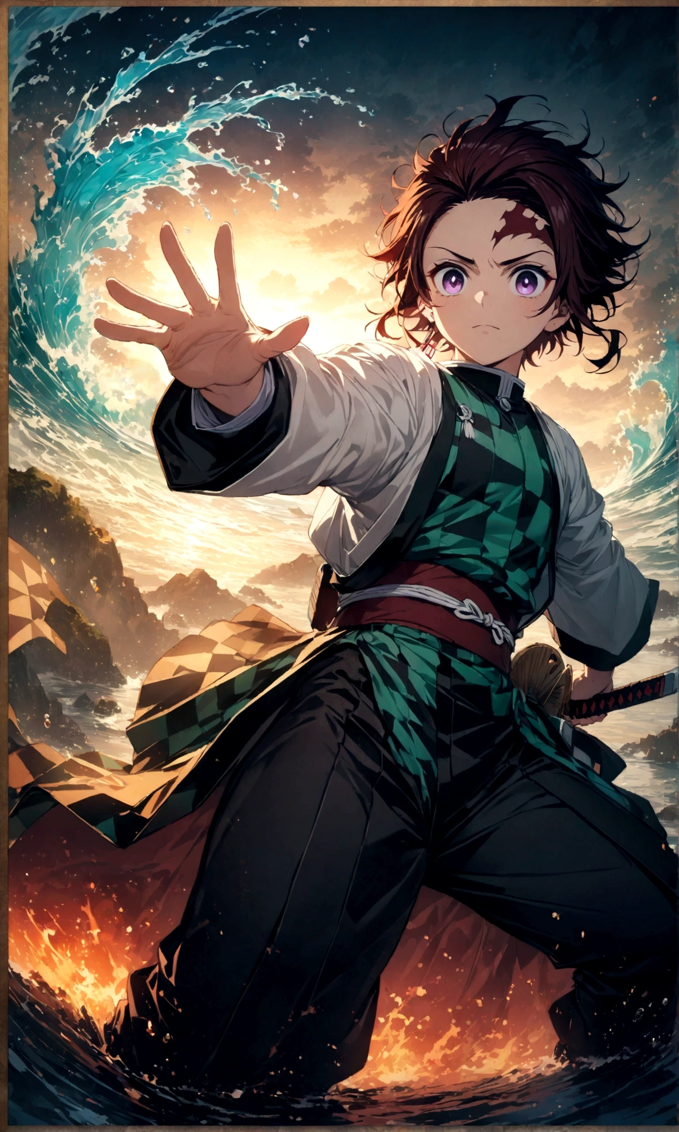 Fixes,(1 male,tanjiro kamado),Demon slayer,Tanjiro&#39;Costumes,Holding a Japanese sword,water流のエフェクト,Fire effect,Intricate details,,Decadent,artwork,rendering,Dynamic pose,(masterpiece:1.3),(highest quality:1.4),(Very detailed:1.5),High resolution,Very detailed,unity 8k wallpaper,Dark fantasy,,Glare,Fighting Style,Presence,Draw artistic background,(Japanese style sculpture:water:Wave:流water),Gold Leaf,Glare,Absurd,Hopeless shape,Looking into the camera,break,Japanese swords are straight and have a metallic luster..,Please hold the handle of the Japanese sword