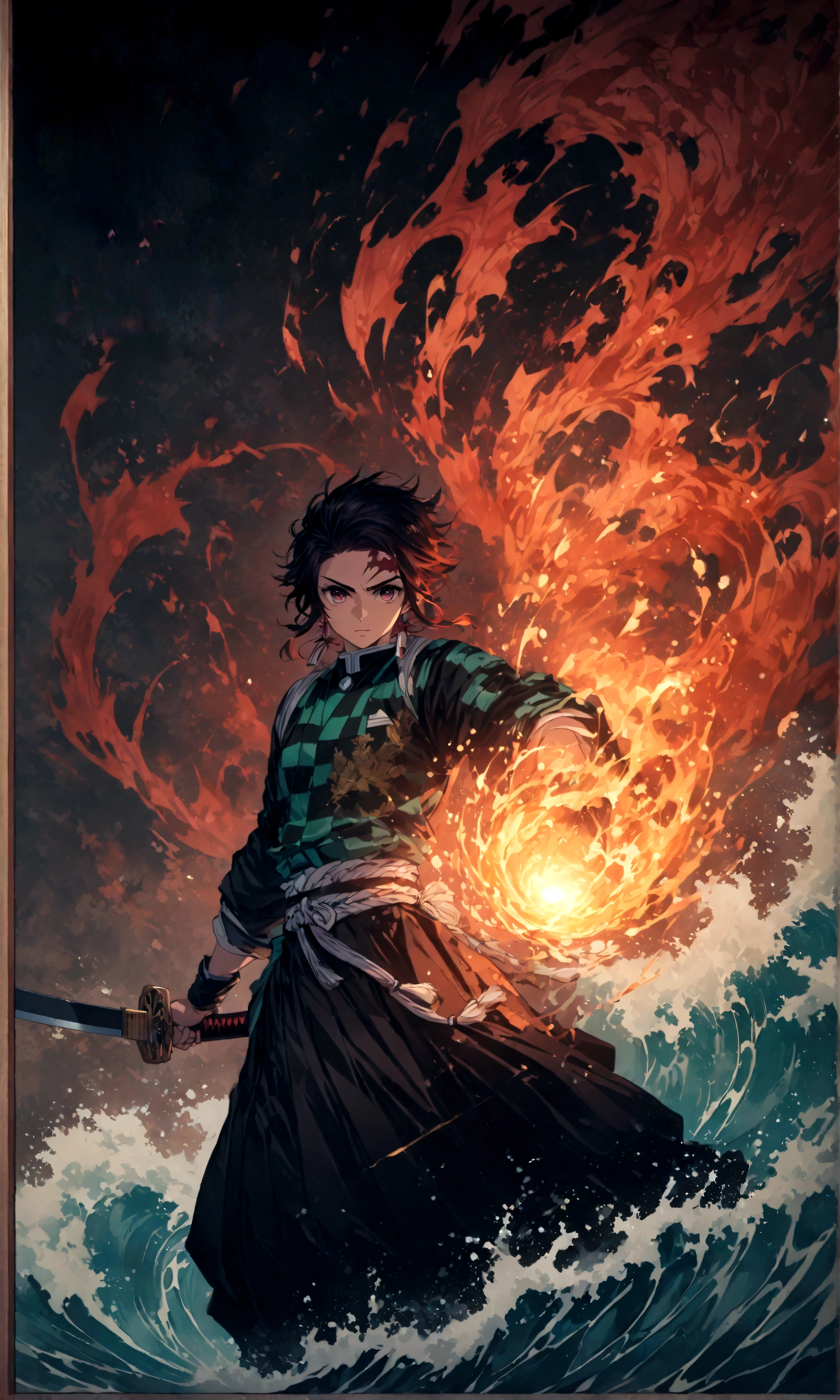 Fixes,(1 male,tanjiro kamado),Demon slayer,Tanjiro&#39;Costumes,Holding a Japanese sword,water流のエフェクト,Fire effect,Intricate details,,Decadent,artwork,rendering,Dynamic pose,(masterpiece:1.3),(highest quality:1.4),(Very detailed:1.5),High resolution,Very detailed,unity 8k wallpaper,Dark fantasy,,Glare,Fighting Style,Presence,Draw artistic background,(Japanese style sculpture:water:Wave:流water),Gold Leaf,Glare,Absurd,Zentangle,rendering,Hopeless shape,Looking into the camera,break,The Japanese sword is straight., thin, Has metallic luster.,Please hold the handle of the Japanese sword